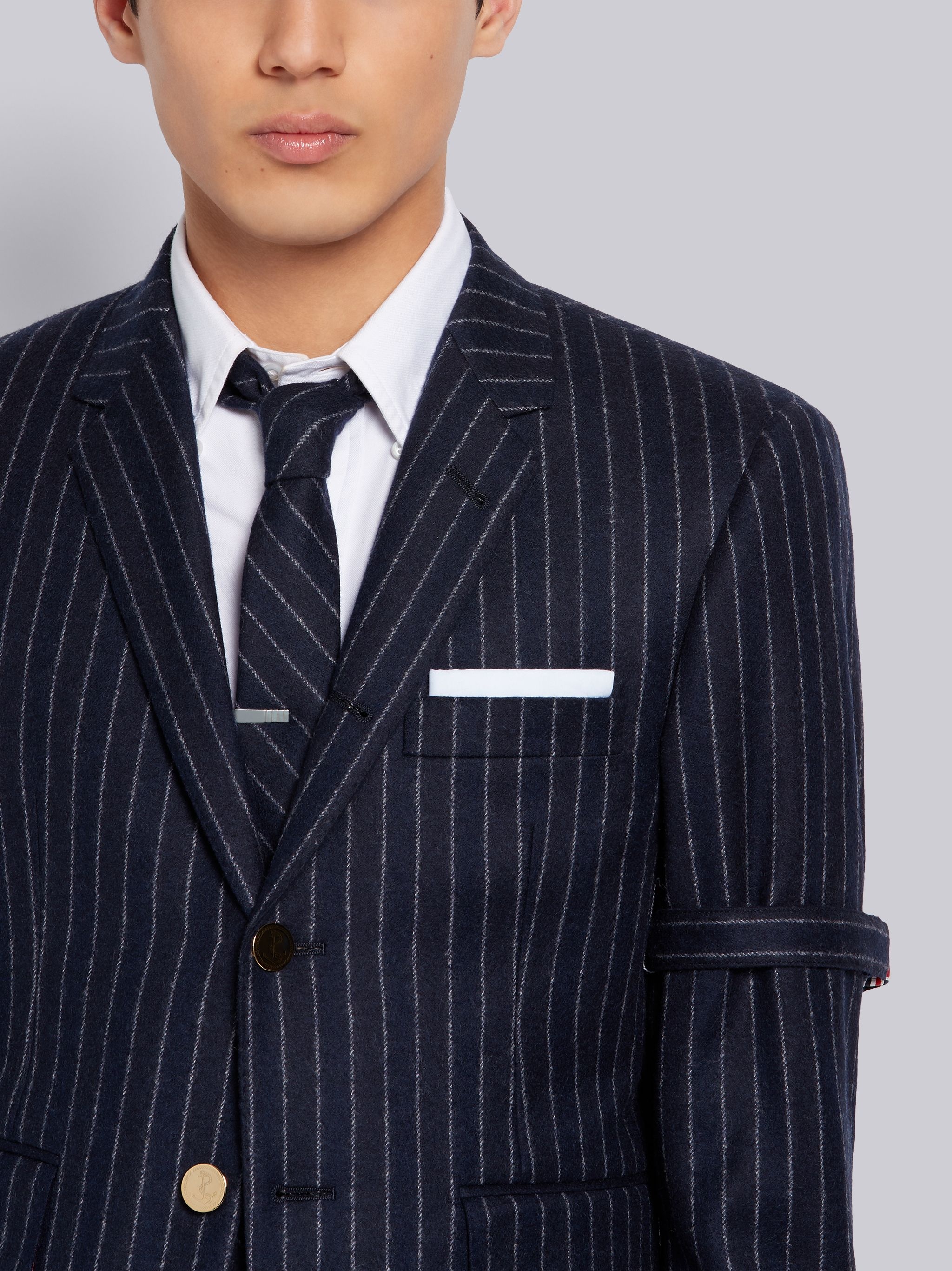 Navy Tonal Chalk Stripe Wool Flannel Armband Classic Jacket - 5