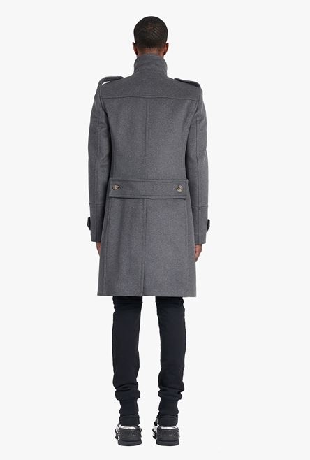 Long medium gray cashmere coat with double-breasted silver-tone buttoned fastening - 3