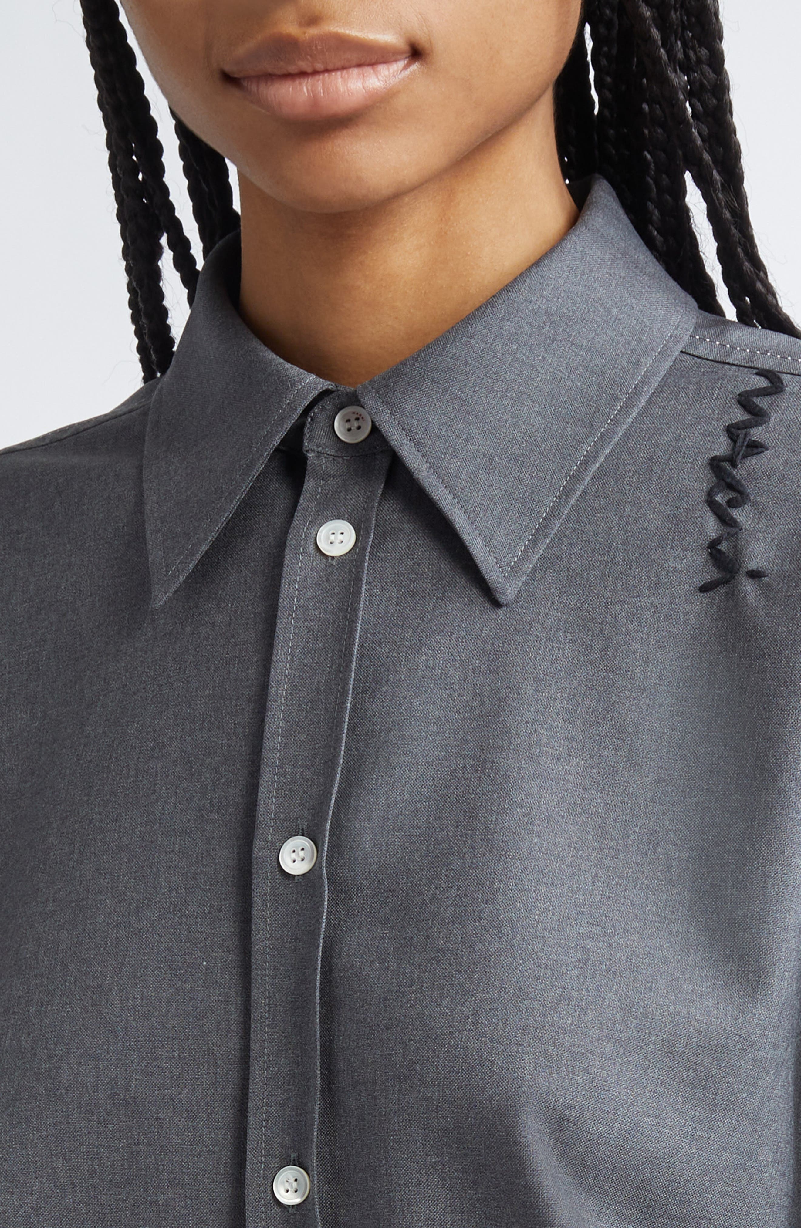 Marni Logo Embroidered Oversize High-Low Button-Up Shirt in Graphite/Black at Nordstrom - 5