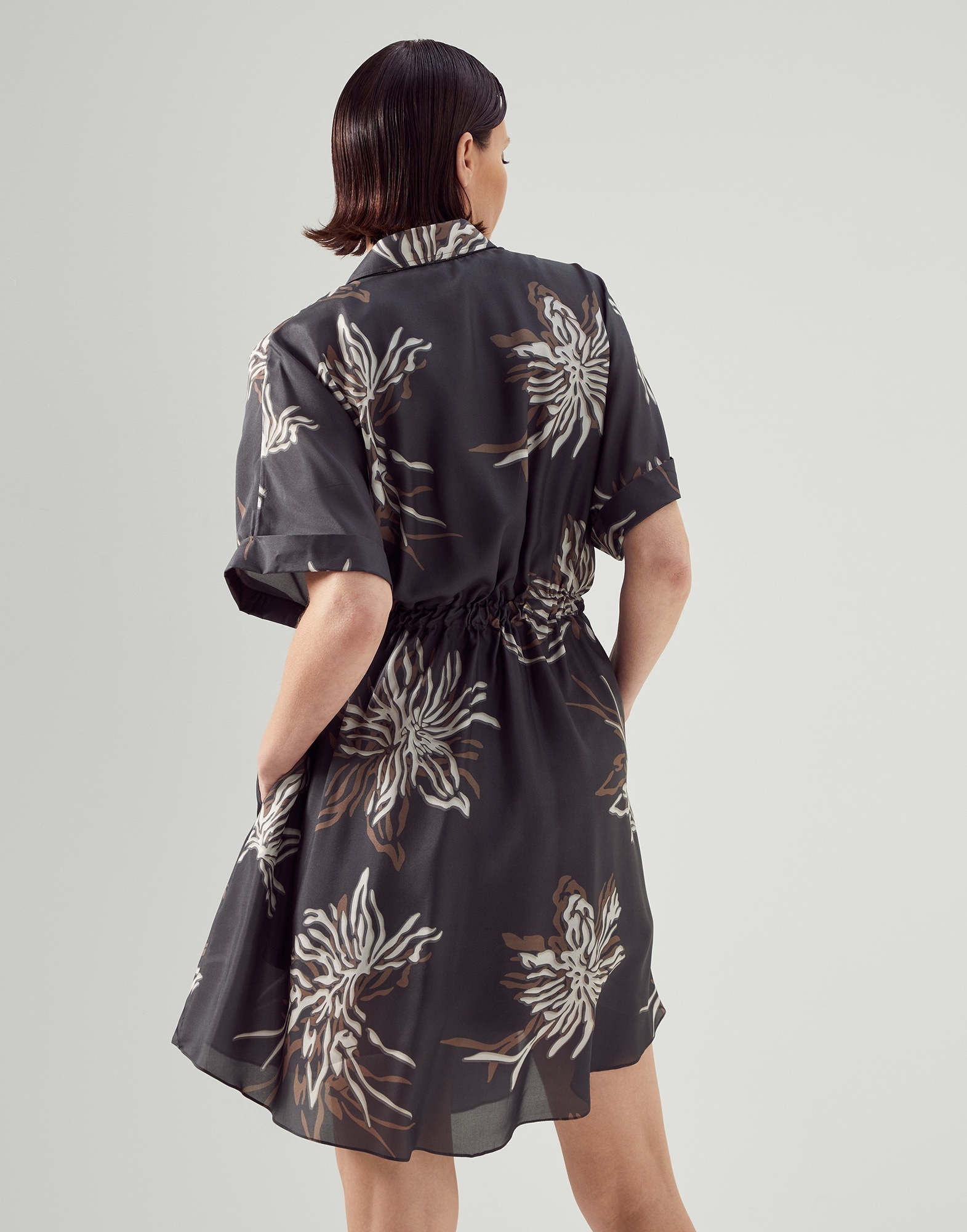 Silk marine flower pongée shirt dress with monili - 2