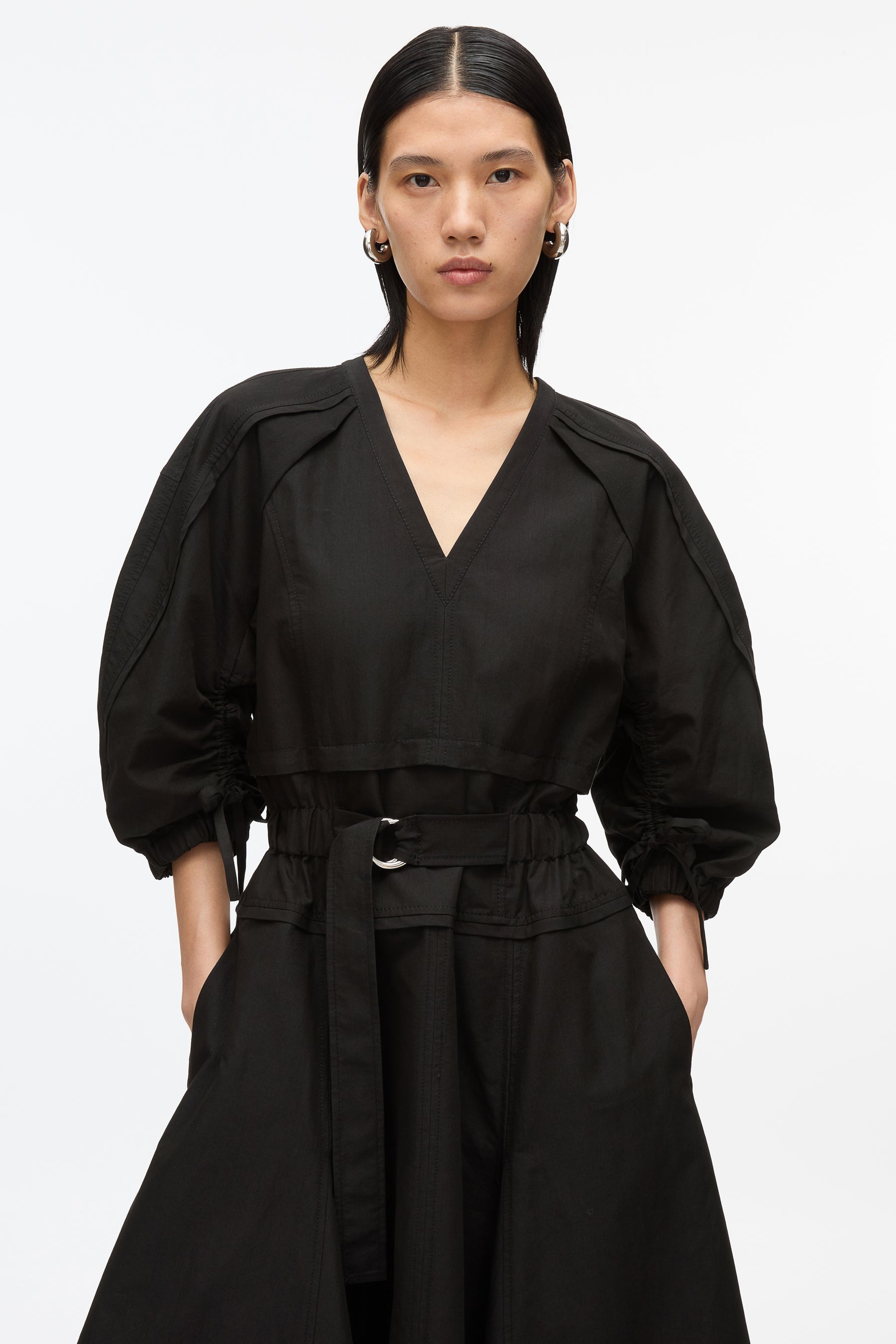 V-Neck Dress with Gathered Sleeves - 4