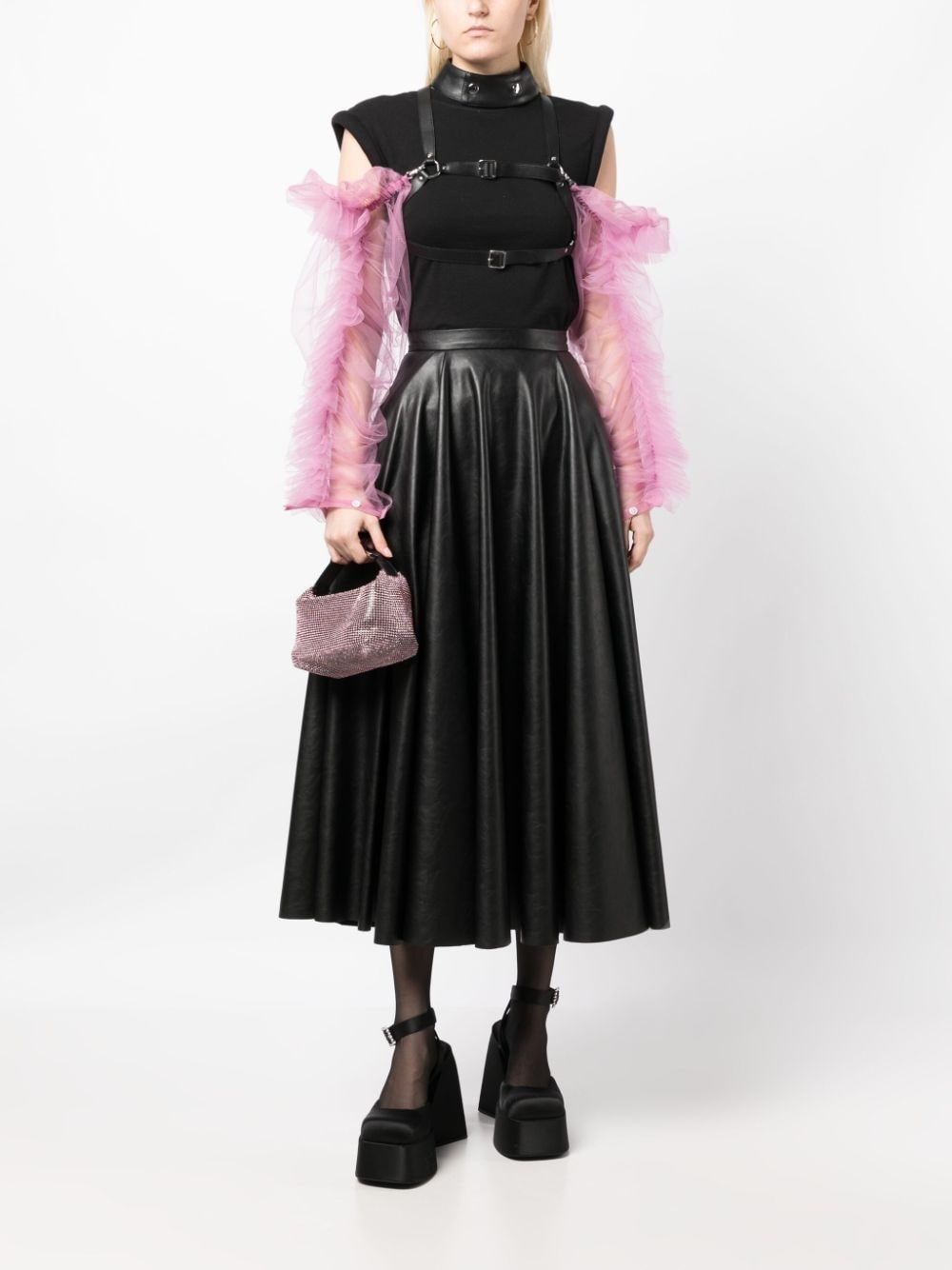 tulle-sleeve leather harness top - 2