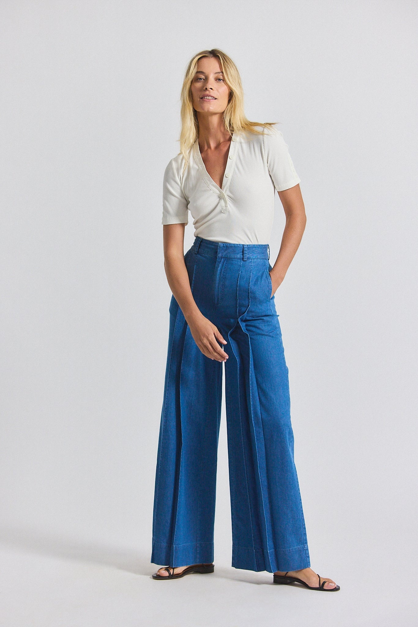 KATRINA CHAMBRAY WIDE LEG PLEATED TROUSER - 4
