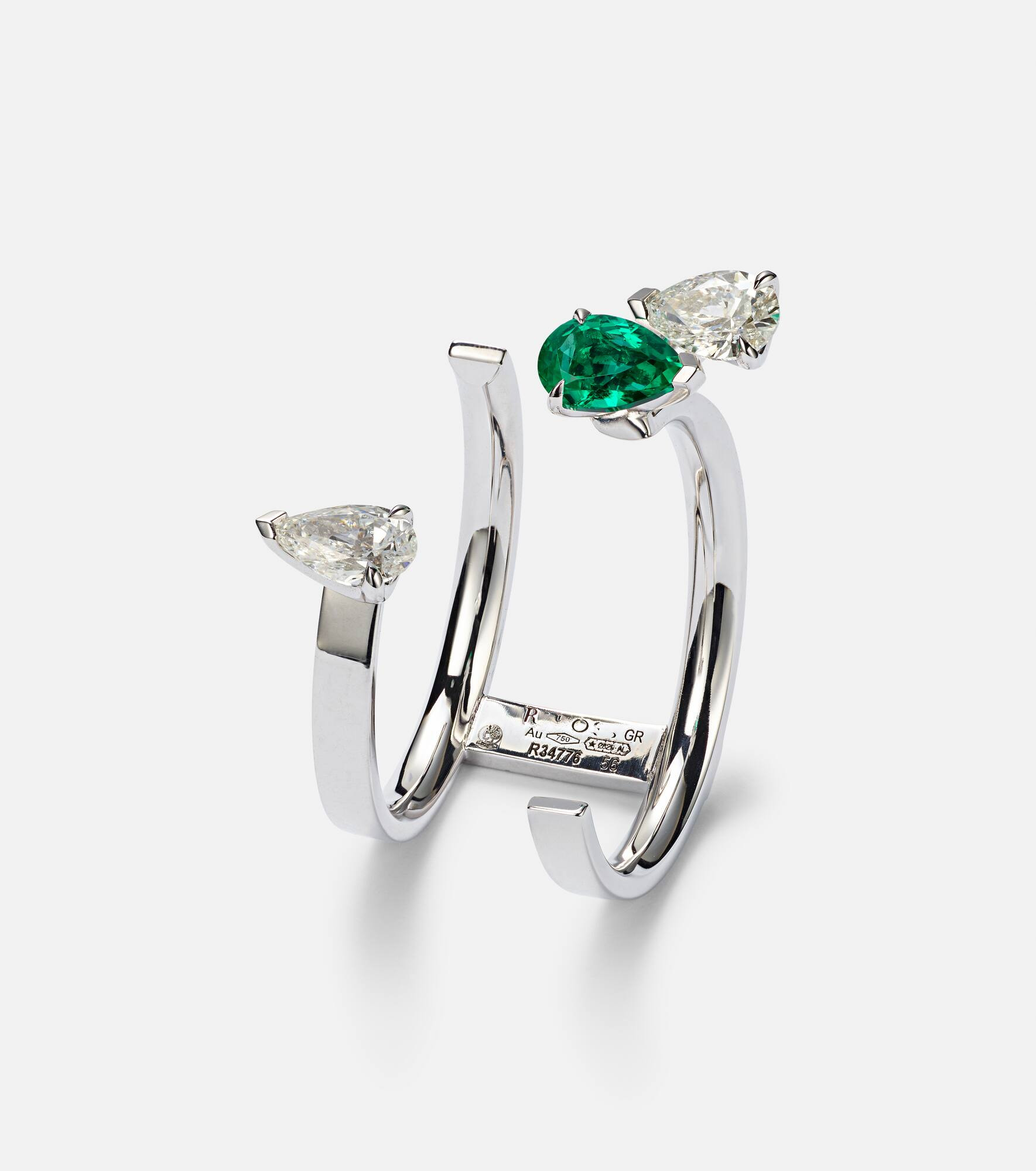Serti Sur Vide 18kt white gold ring with diamonds and emerald - 4