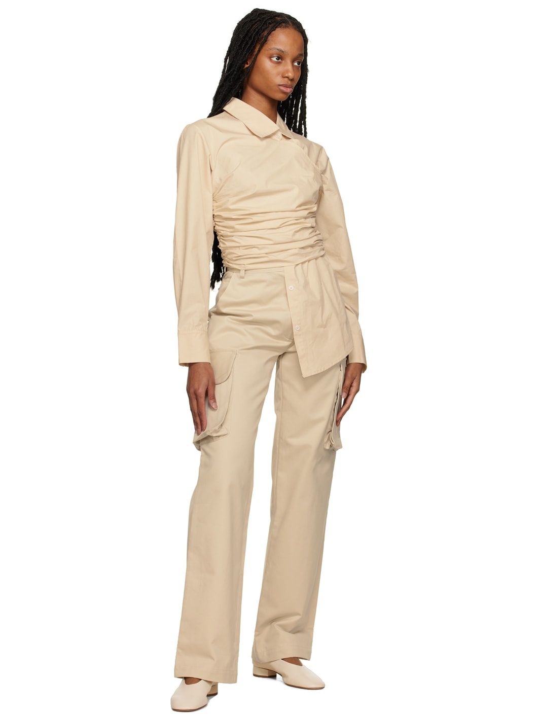 Beige High-Rise Trousers - 4