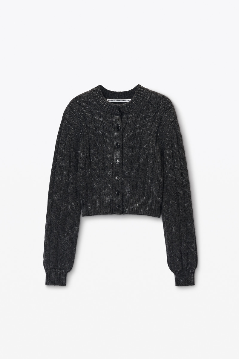 Clear Bead Hotfix Cable-Knit Cardigan in Boiled Wool 1