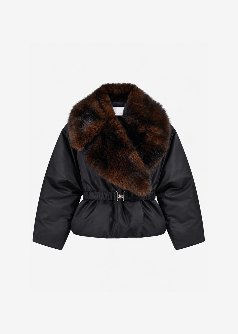 Ariella Faux Fur Notch Collar Puffer Jacket - Black/Brown 1