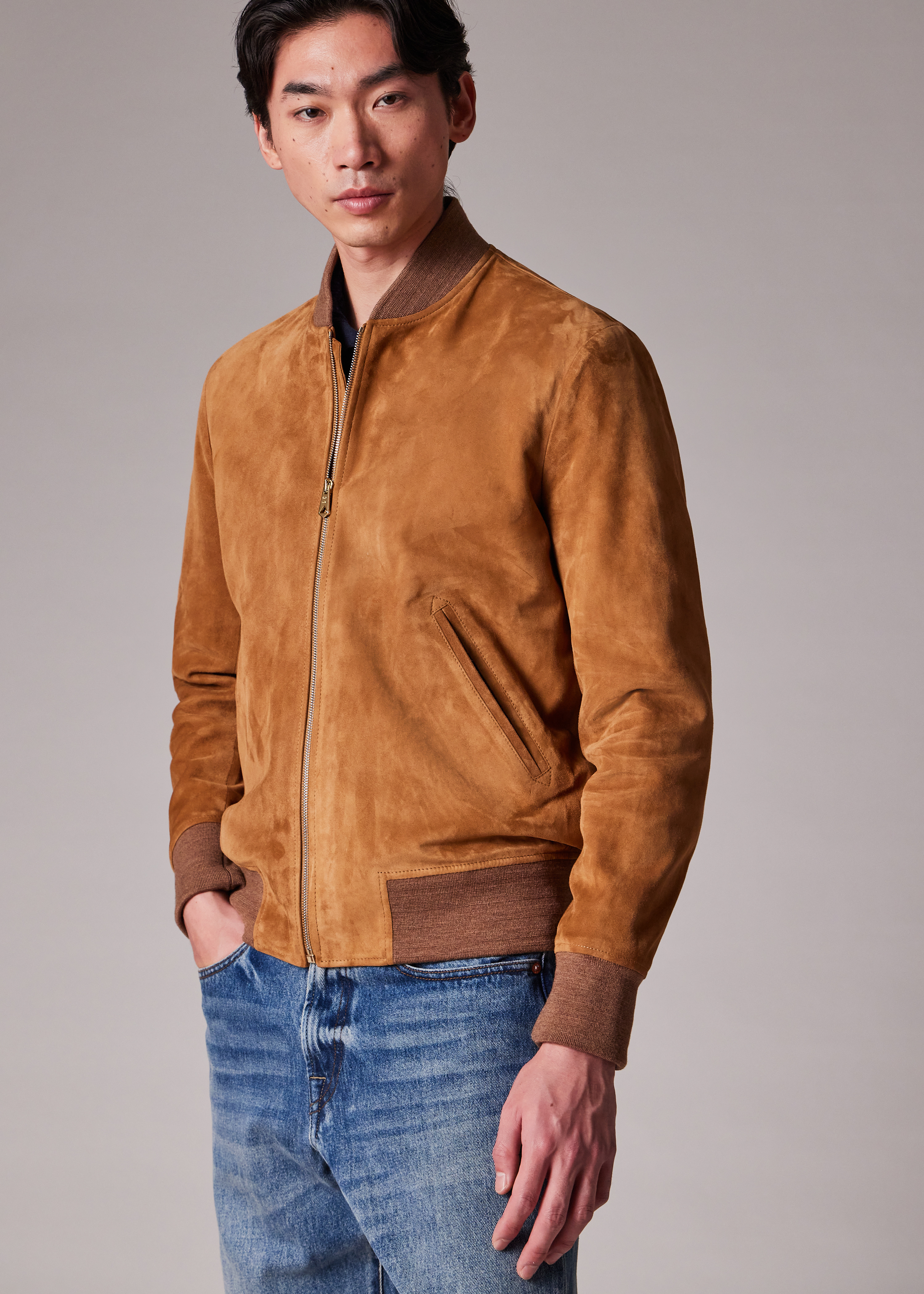 Tan Suede Zip Bomber Jacket - 8