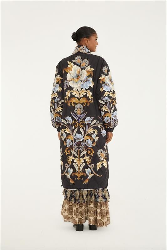 Black Flowerful Snake Garden Reversible Maxi Puffer Jacket - 4