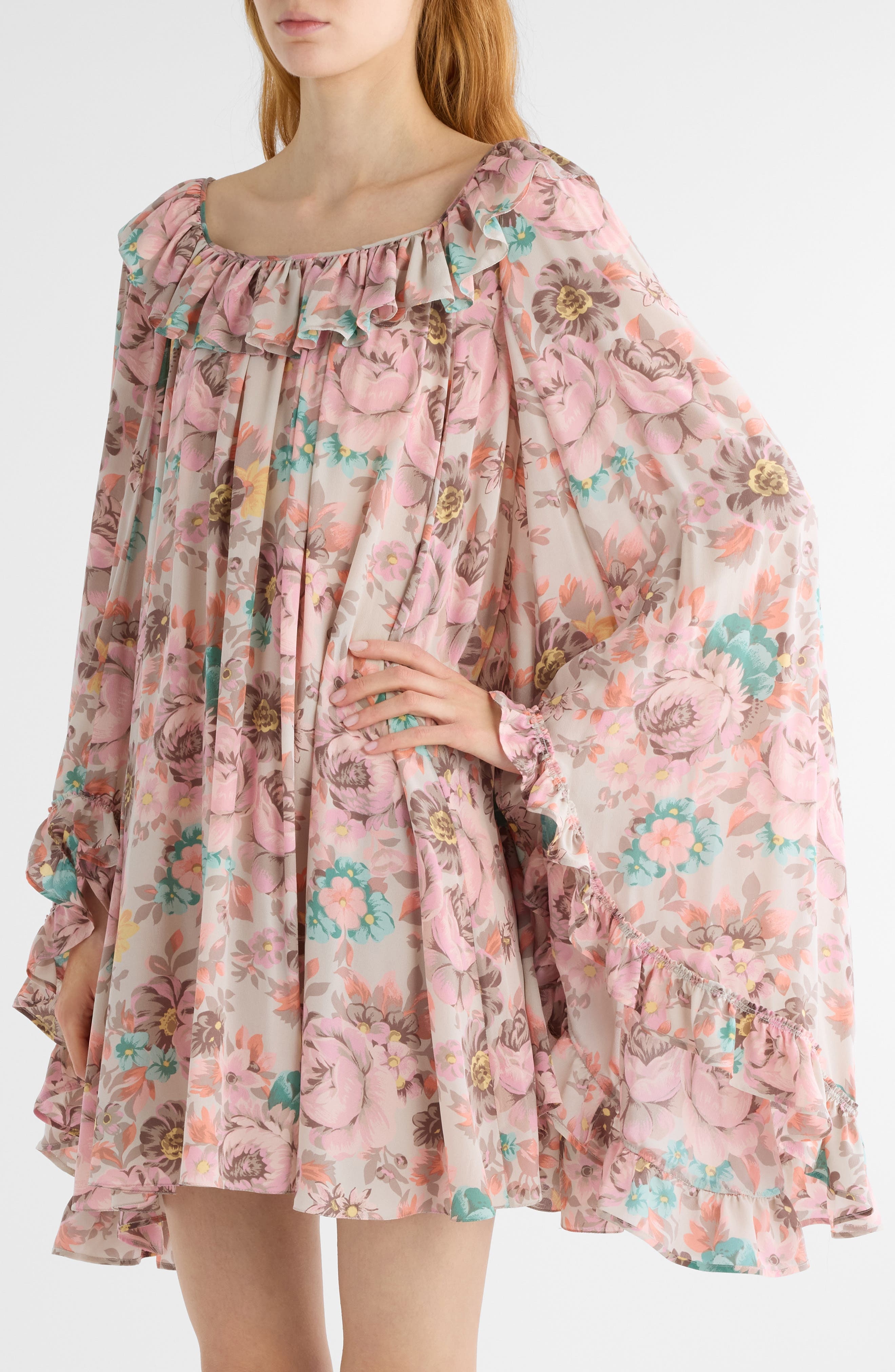 Chloé Bouquet Print Long Sleeve Silk Crêpe de Chine Minidress in Muddy Grey at Nordstrom - 4