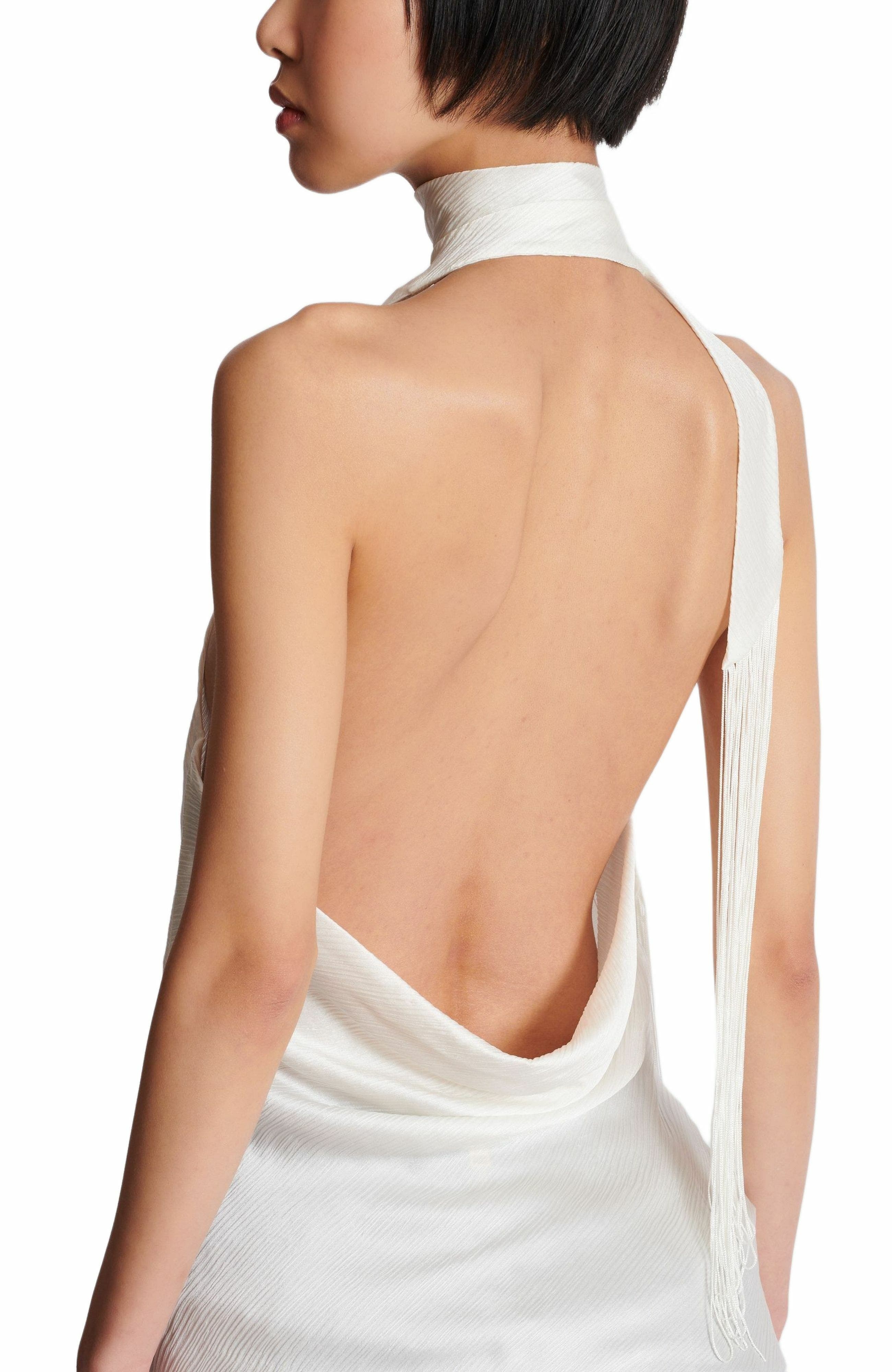 Balmain Backless fringed satin top in White at Nordstrom - 4