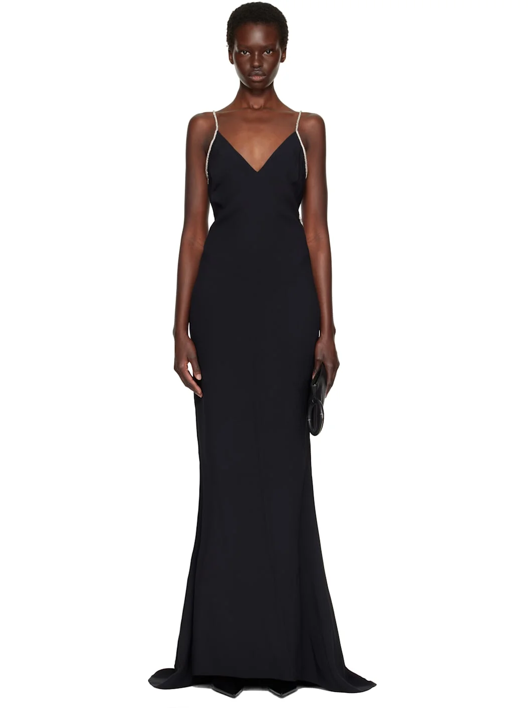 Black Crystal Chain Satin Maxi Evening Dress - 1