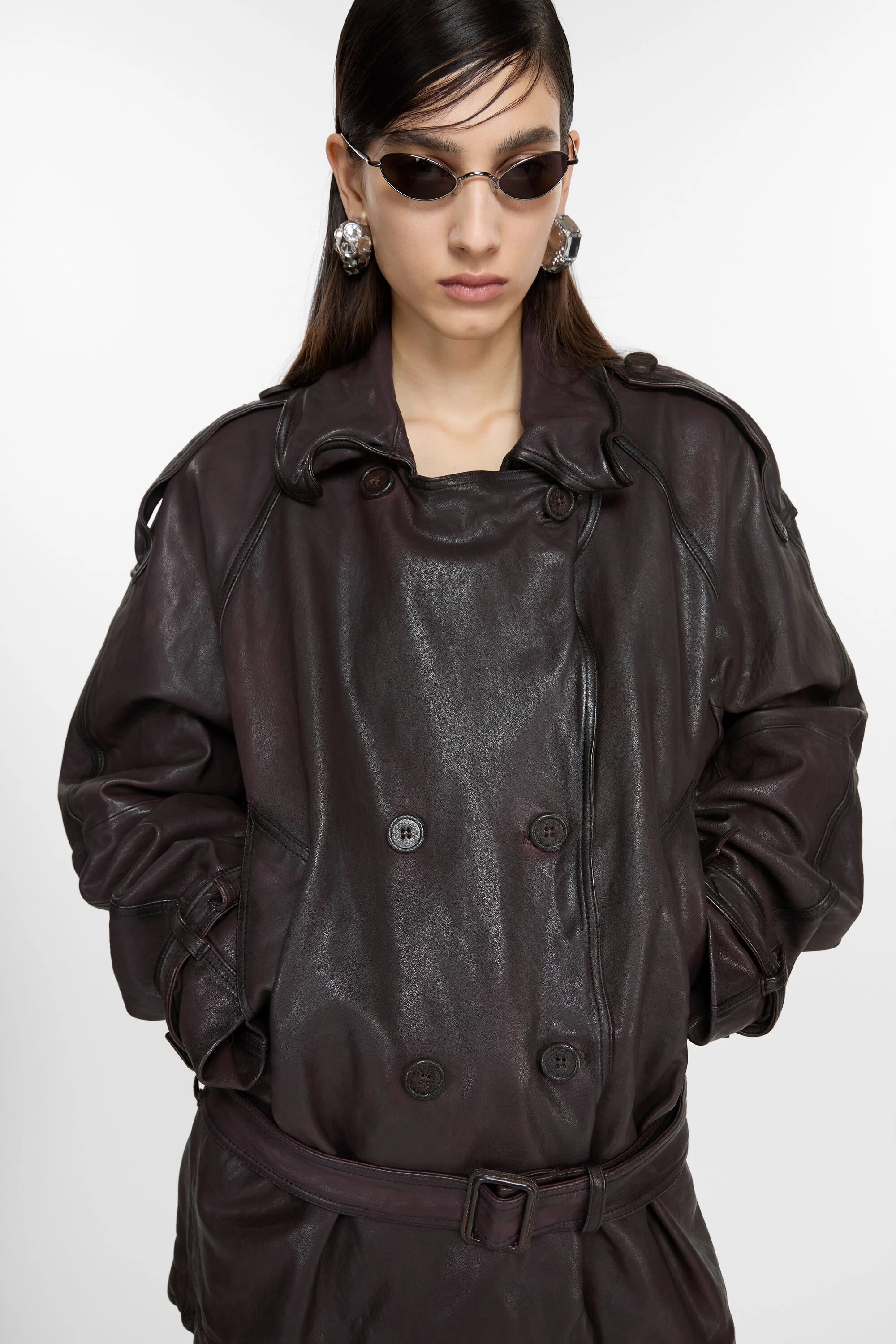 Belted leather jacket - Dark brown - 6