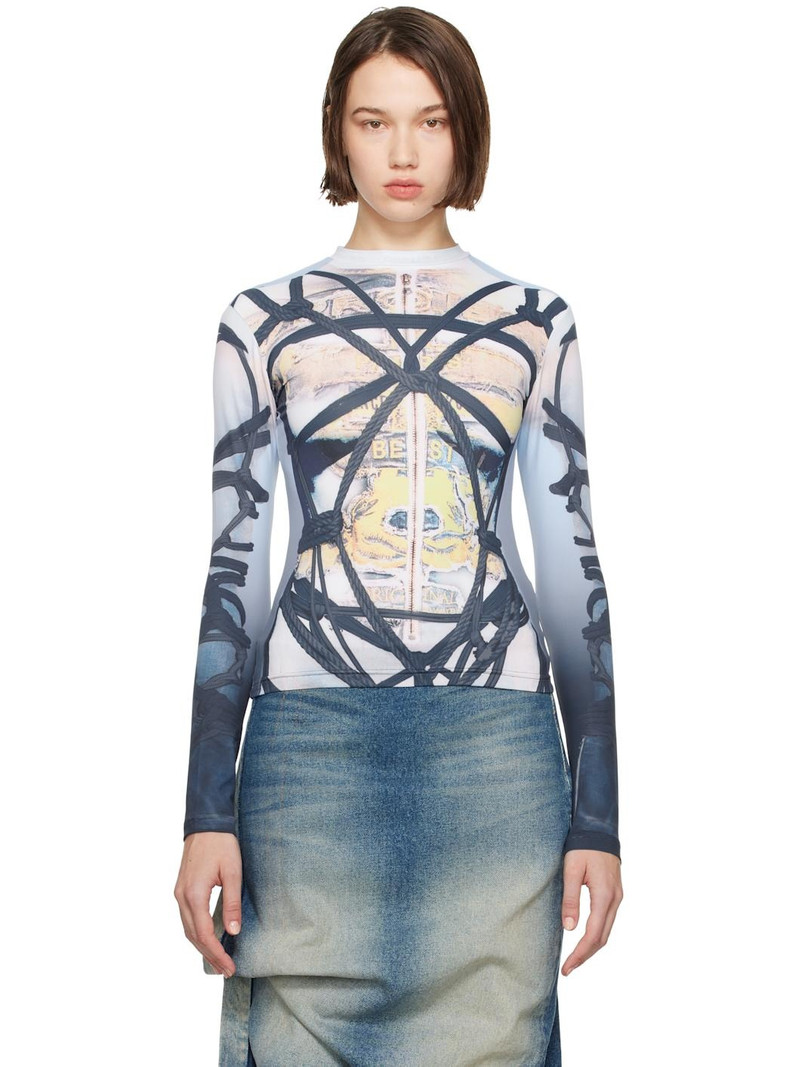 Blue Bondage Print Long Sleeve Fitted T-shirt 1
