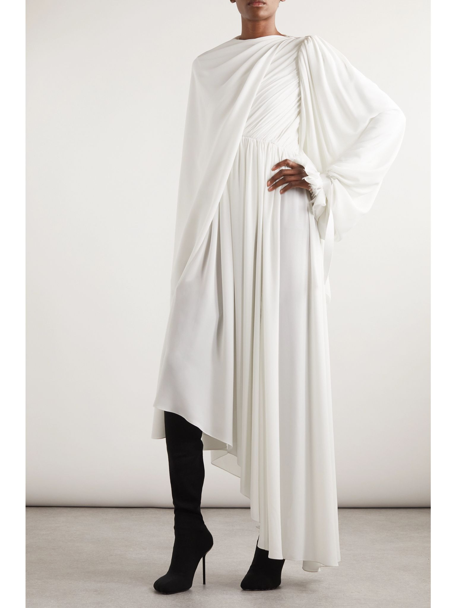 Asymmetric draped cape-effect pleated crepe dress White - 2