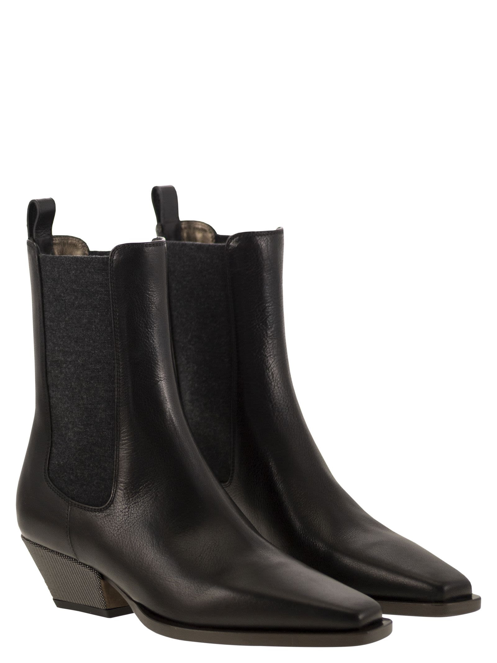 Brunello Cucinelli Women Classic Leather Chelsea Boot With Precious Block Heels - 4