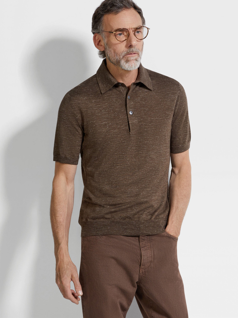 BROWN MÉLANGE SILK CASHMERE AND LINEN POLO SHIRT 3