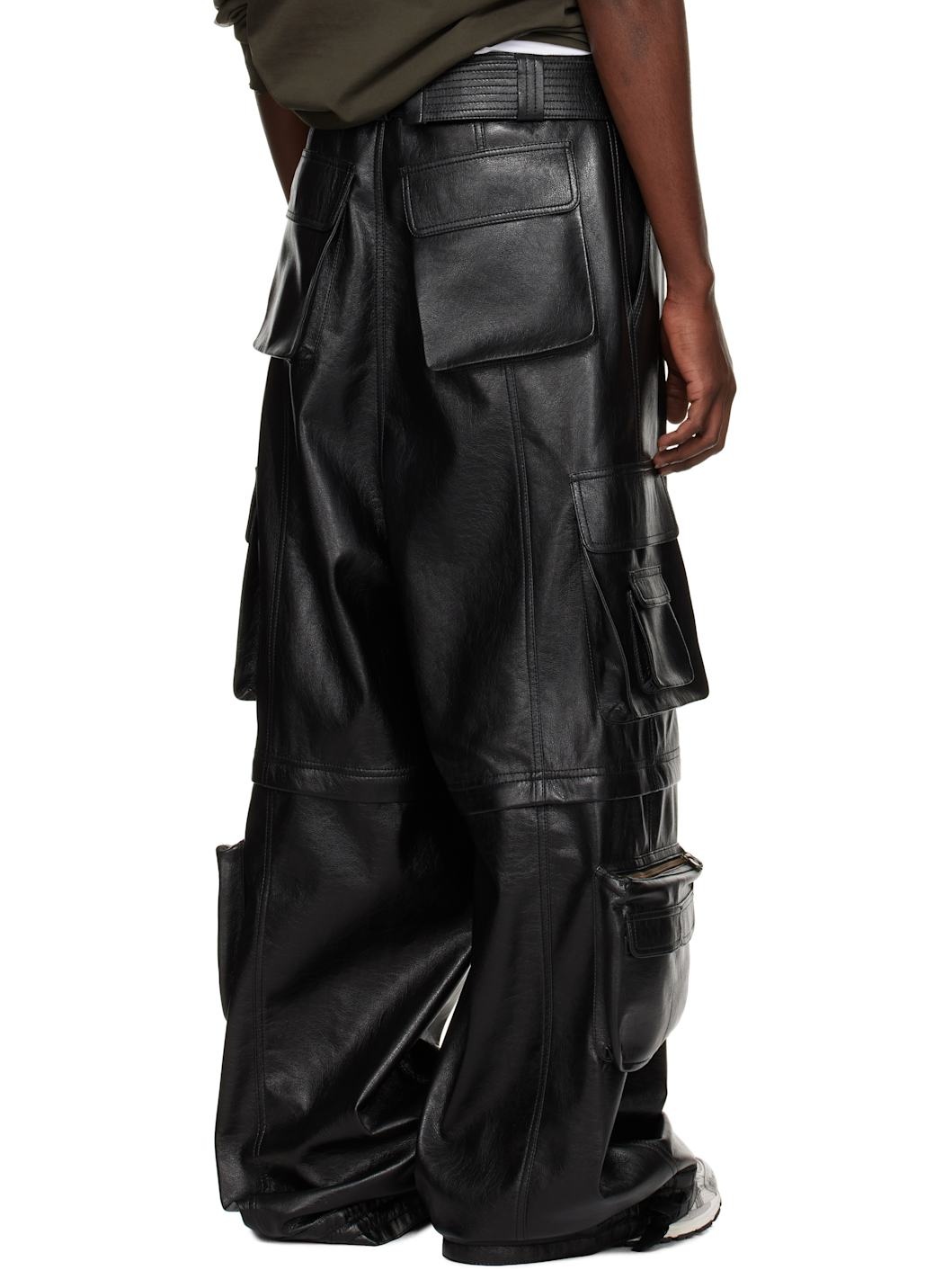 Black Belted Faux-Leather Cargo Pants - 3