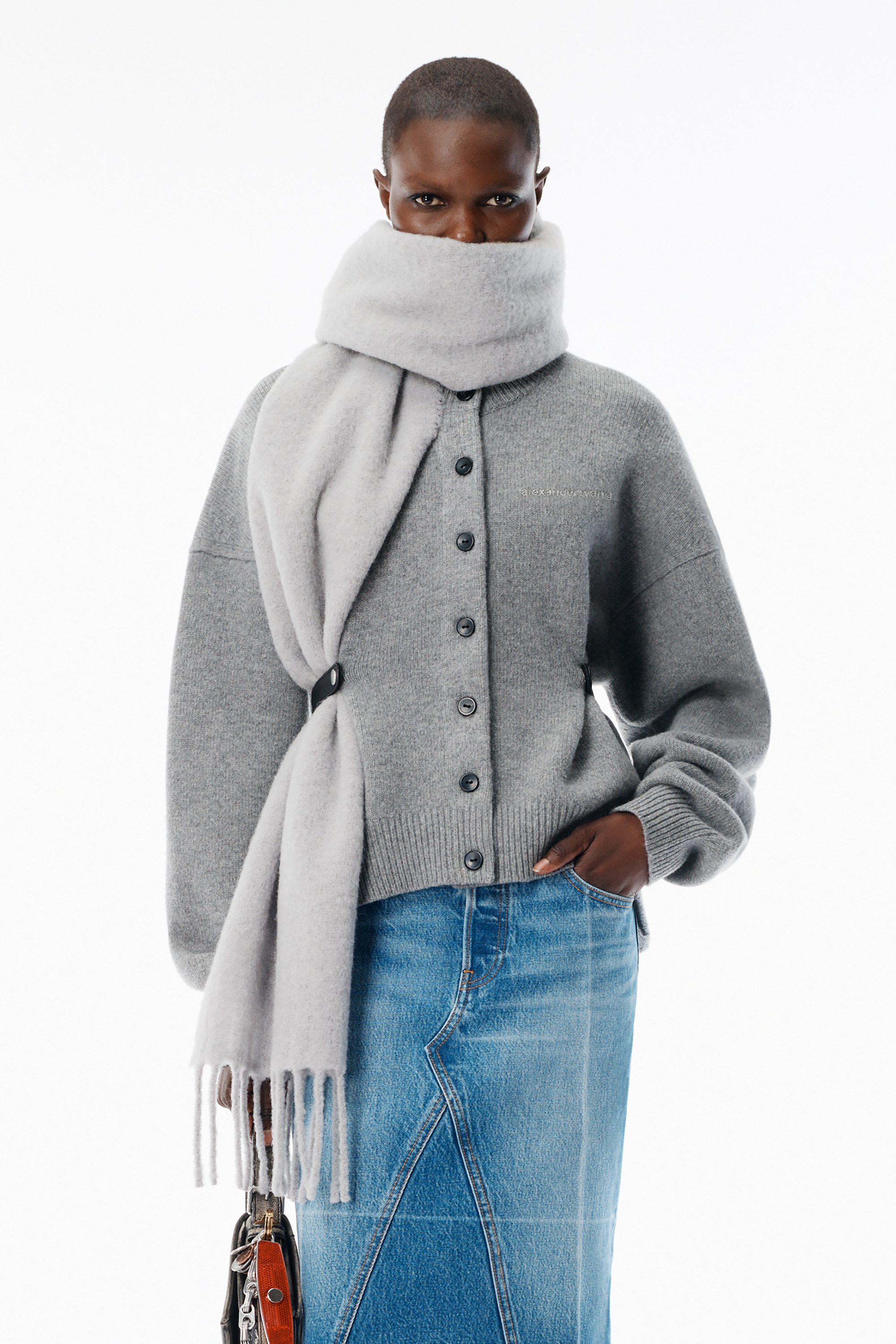 Grey Wool-Cotton Draped Back Cardigan - 2