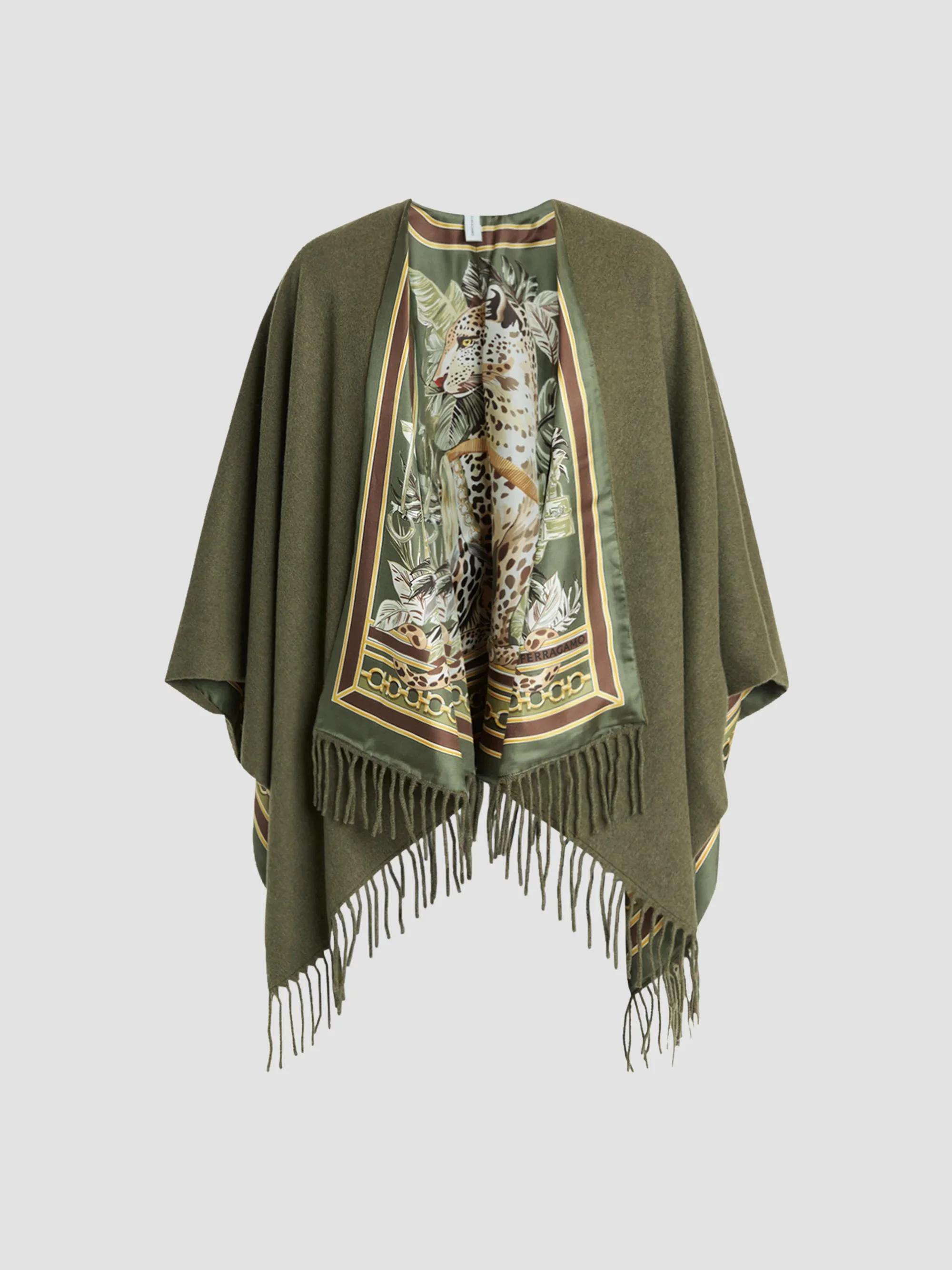 Women's Leopard Print Cashmere-Wool Reversible Cape - Olive - 1