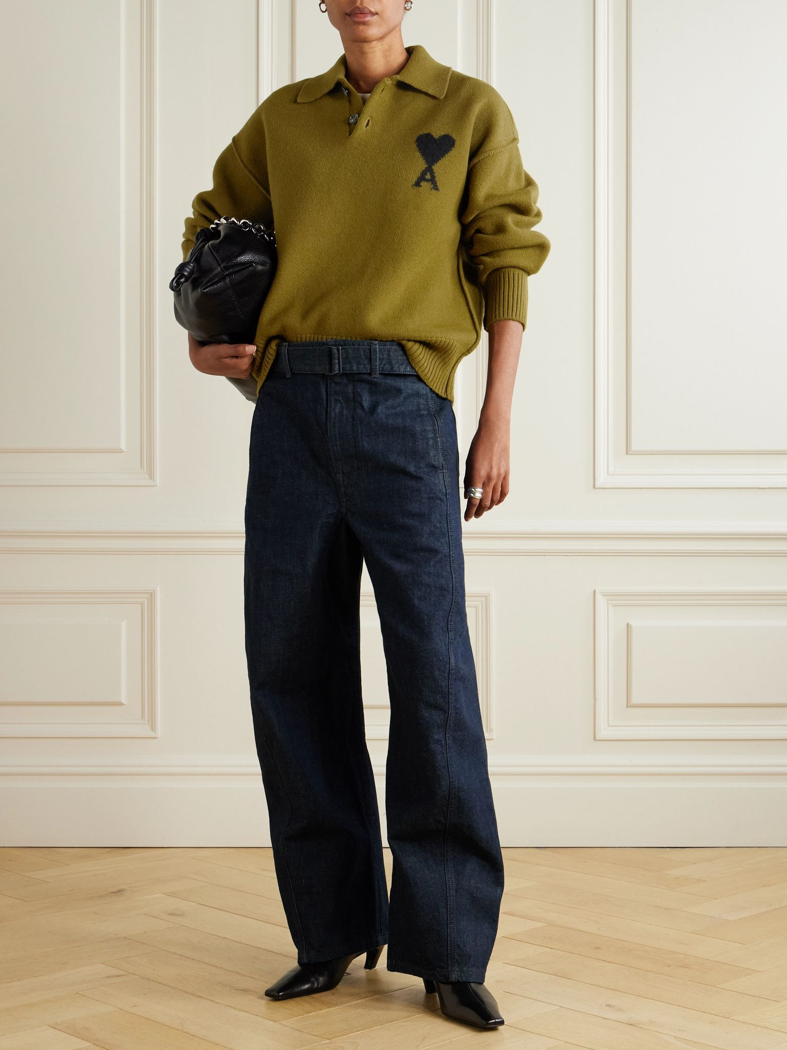 Intarsia wool polo sweater Army green - 2
