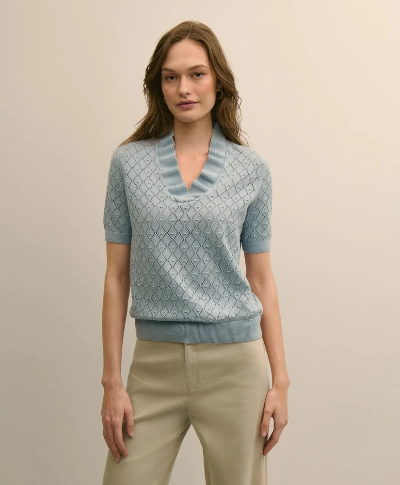 Cotton Viscose Short-Sleeve Ruffle Sweater - 1