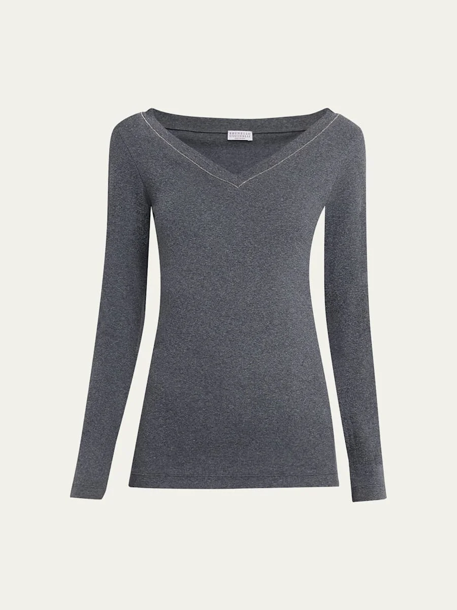 Monili V-Neck Long-Sleeve Cotton Rib Top - 1
