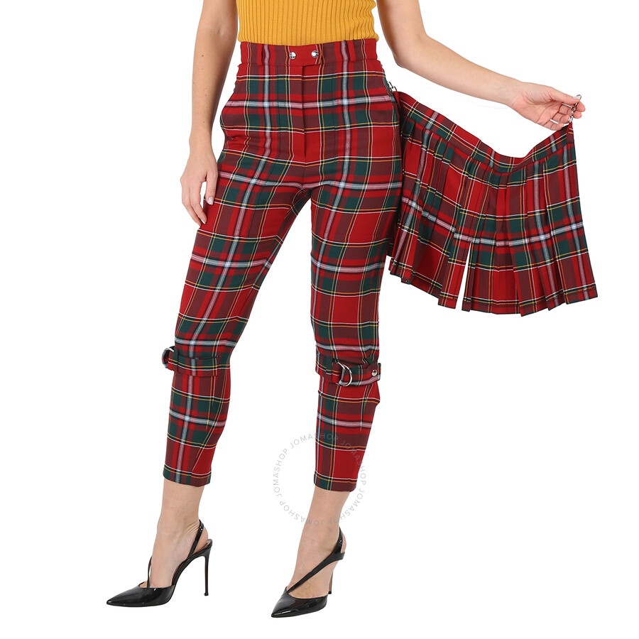 Burberry Ladies Bright Red Royal Tartan Punk Trousers - 6