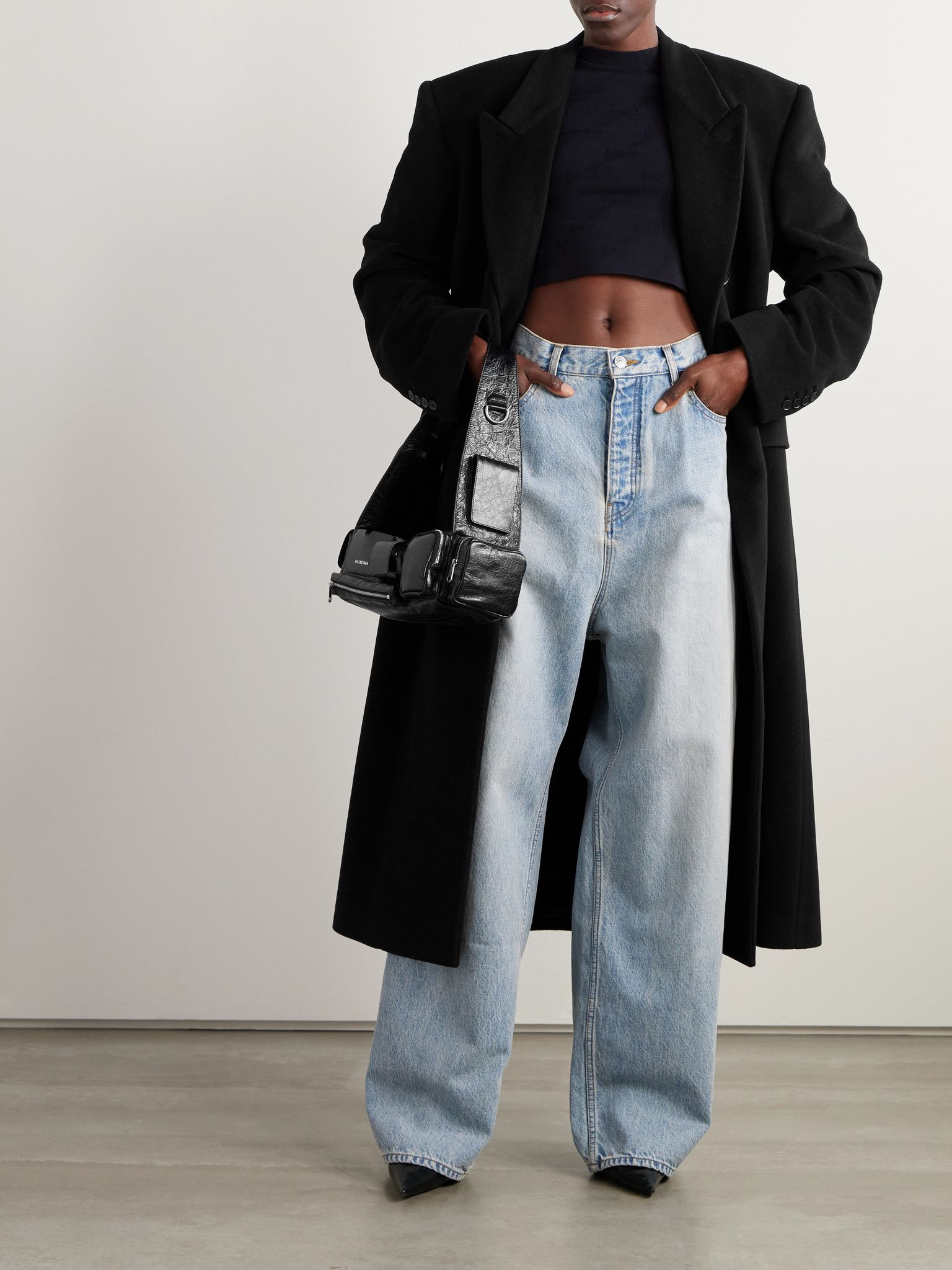 Double-breasted oversized cashmere and wool-blend coat Black - 2