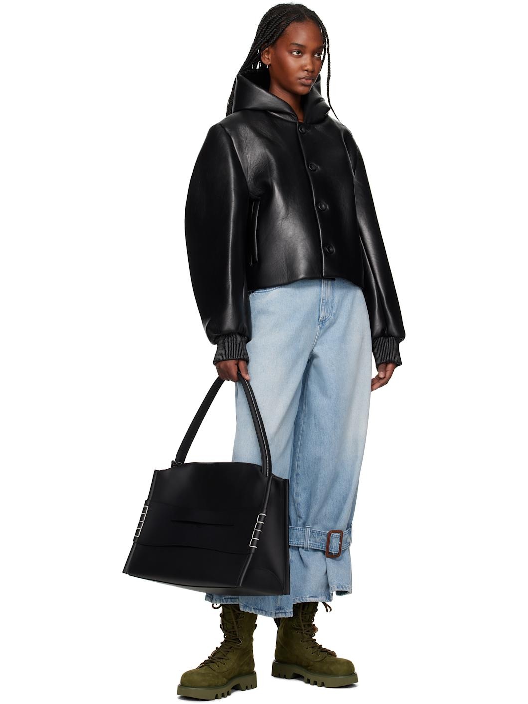 Black Cropped Hooded Blouson Leather Jacket - 4