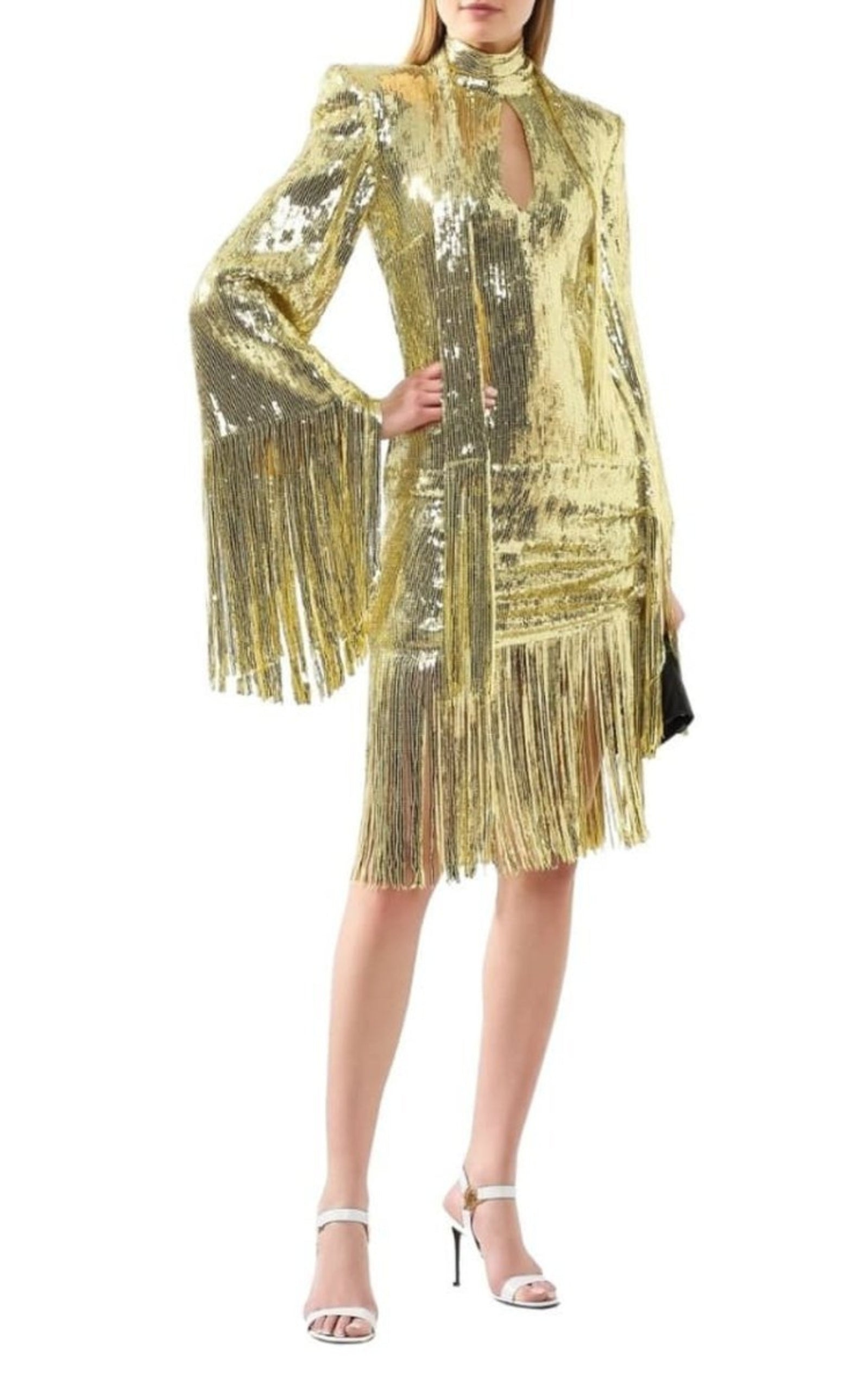 Fringed Gold Sequined Midi Dress - 2