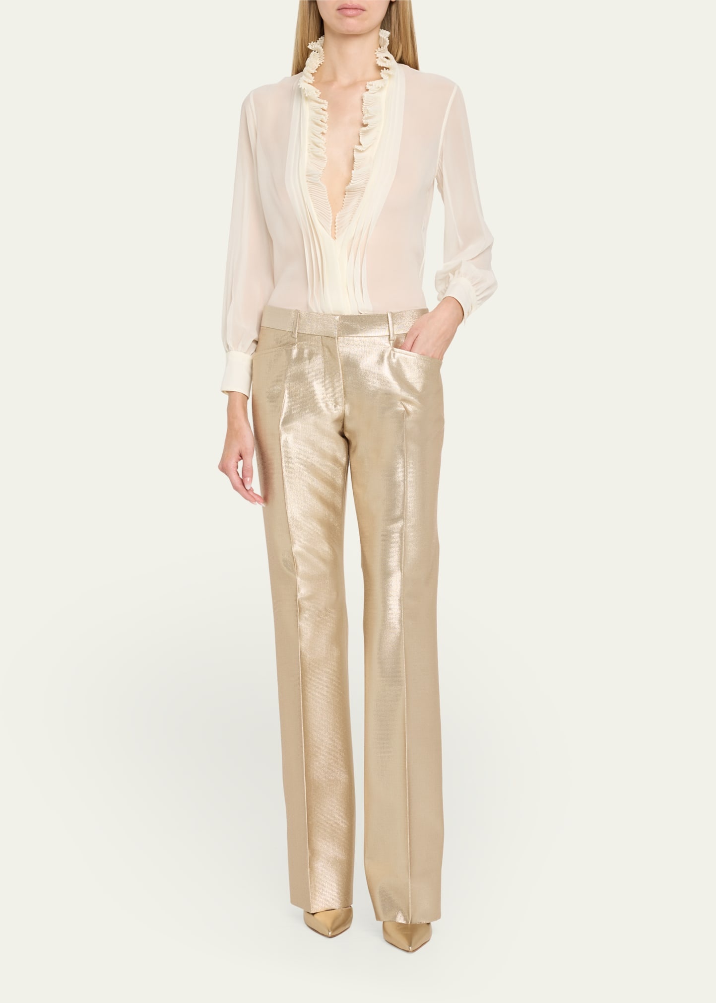 Pleated Puff Sleeve Blouse with Ruffle Trim - 2