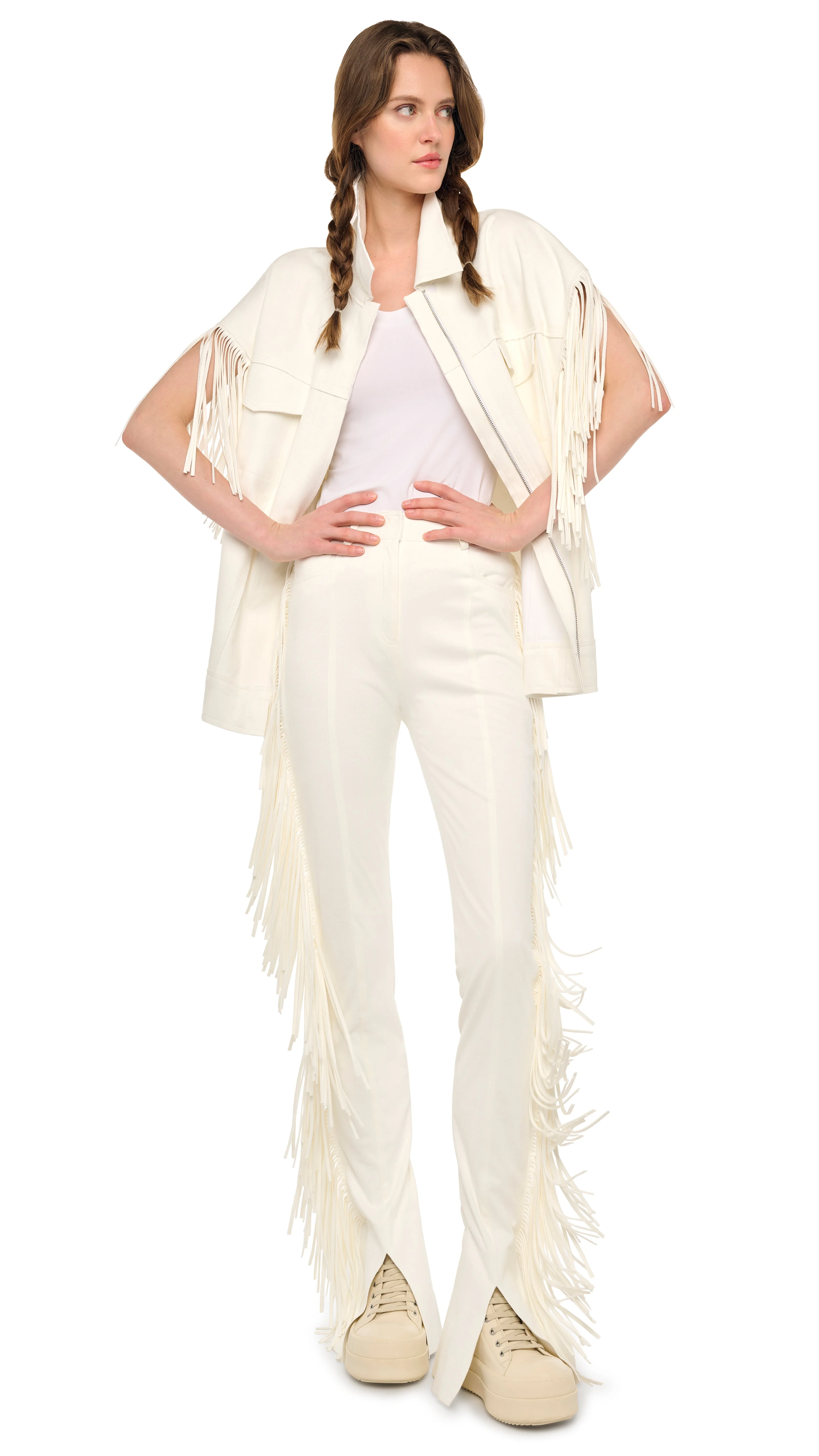 SLEEVELESS OVERSIZED JEAN JACKET W/ FRINGE - 1