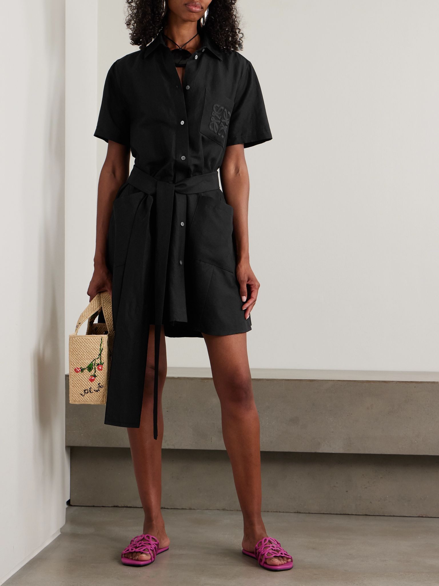 + Paula's Ibiza belted appliquéd voile mini shirt dress Black - 2