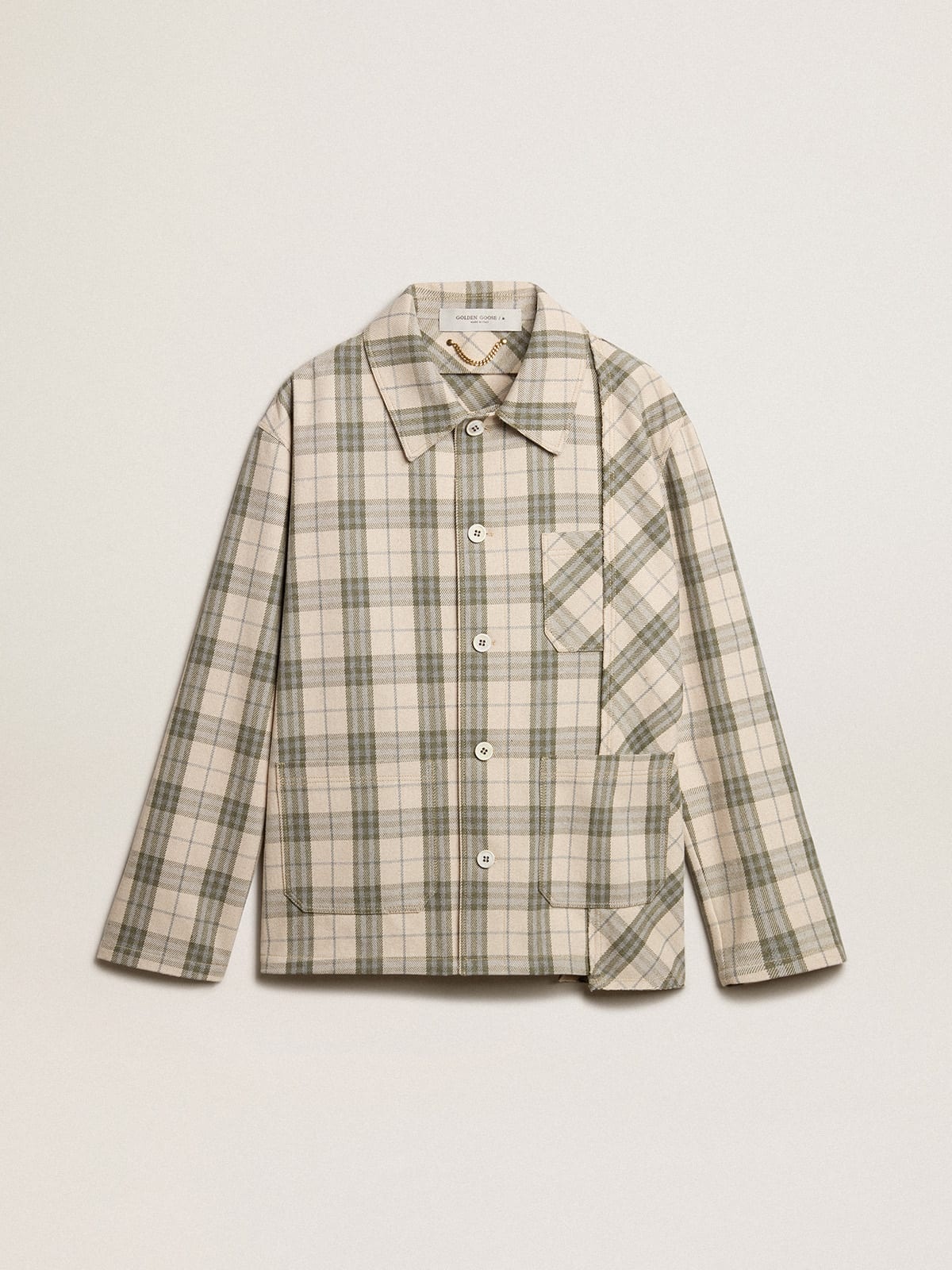 Men's slim-fit shirt made of ecru and green cotton flannel - 1