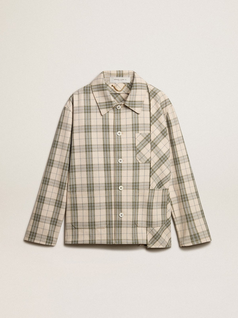 Men's slim-fit shirt made of ecru and green cotton flannel 1