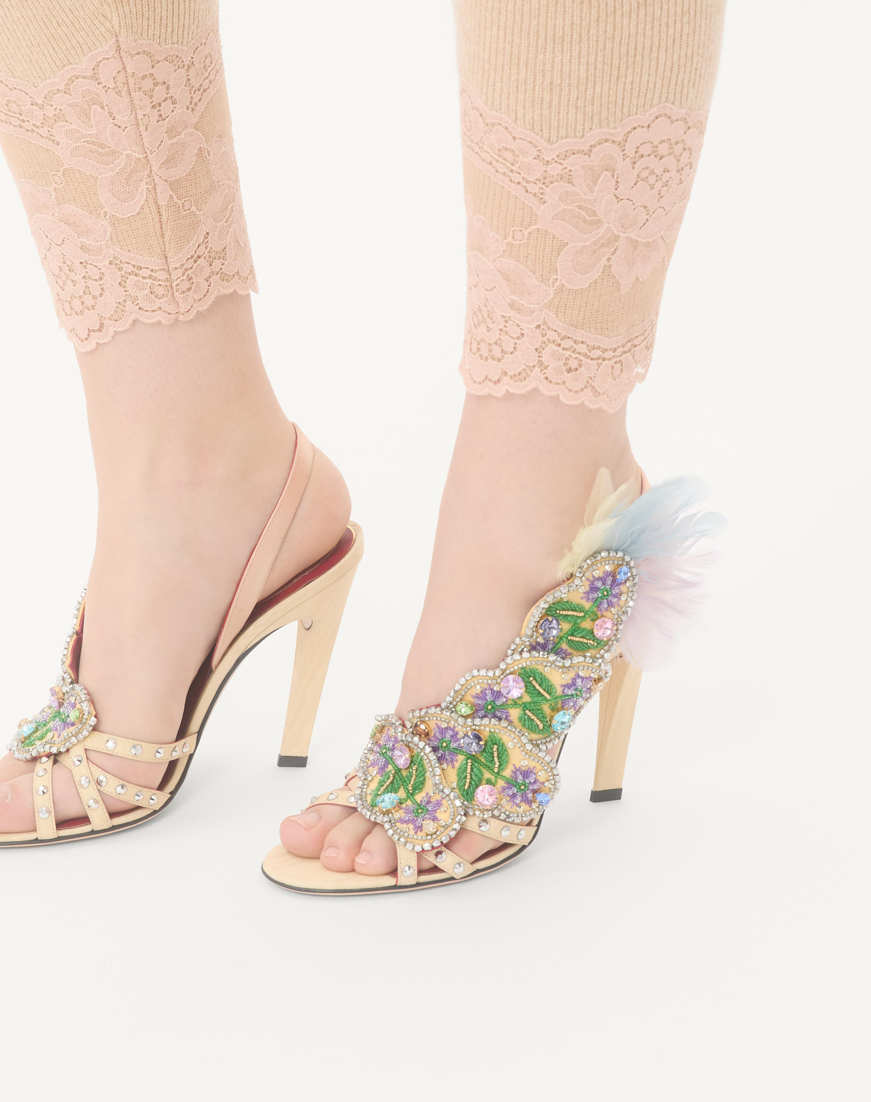 DANS LE FOYER SANDAL IN MOIRÉ FABRIC WITH FLORAL EMBROIDERY AND FEATHERS 105MM - 2