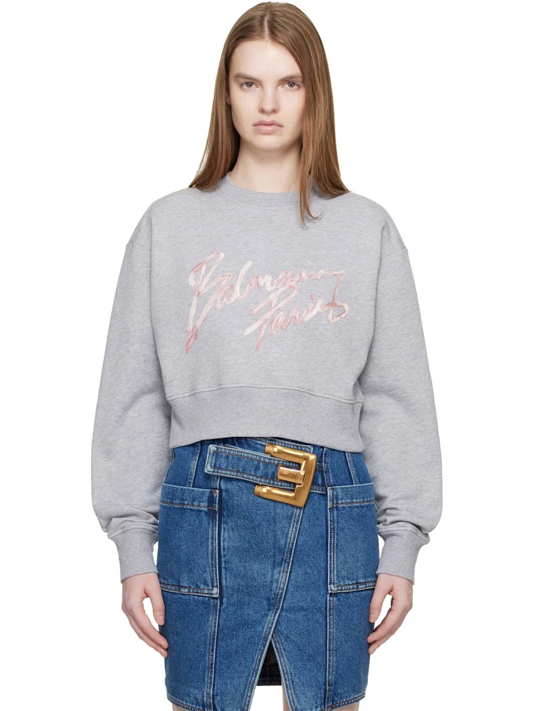 Gray Cropped Printed Cotton Sweatshirt - 1