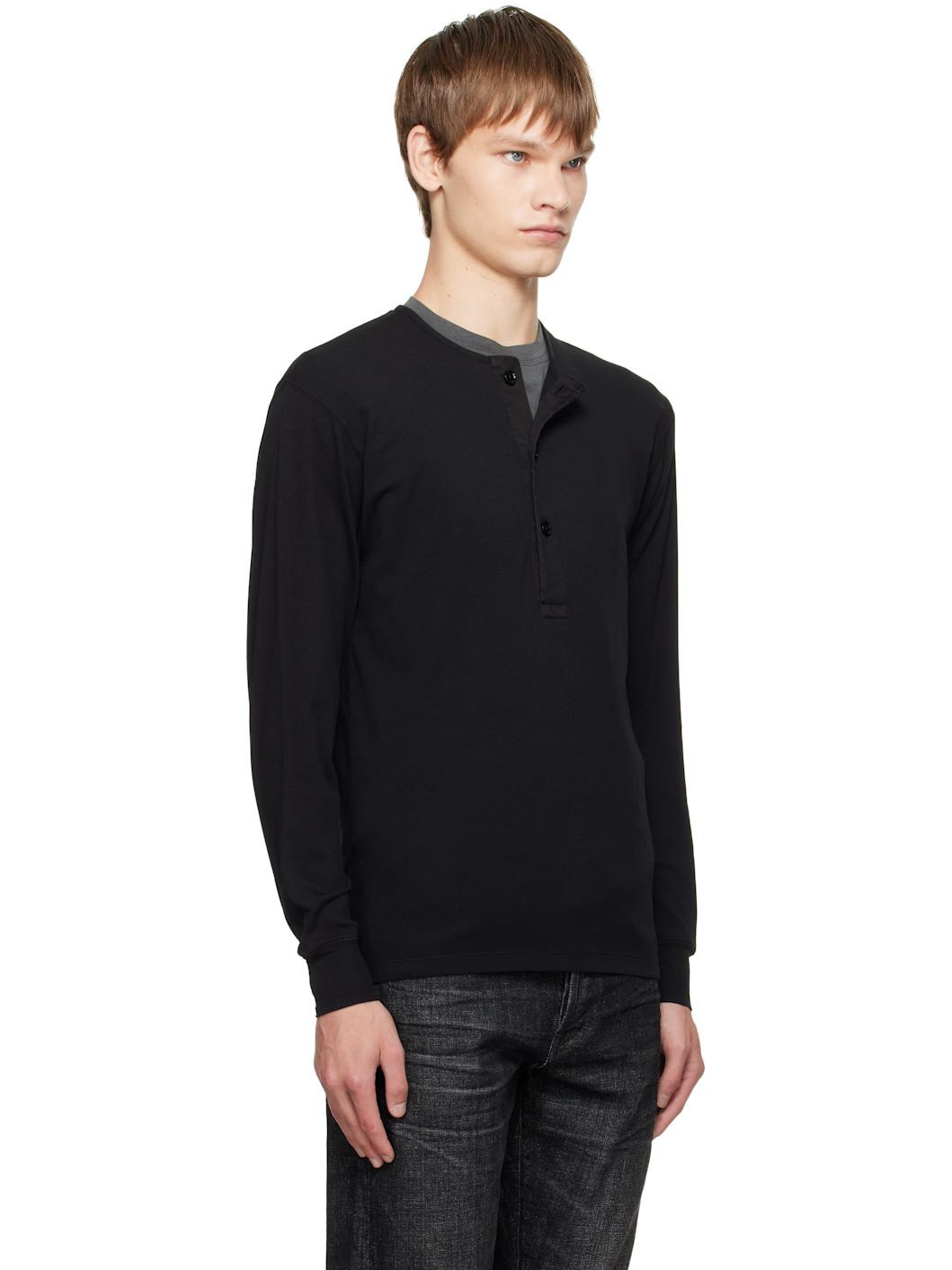 Black Cotton Stretch Rib Henley - 2