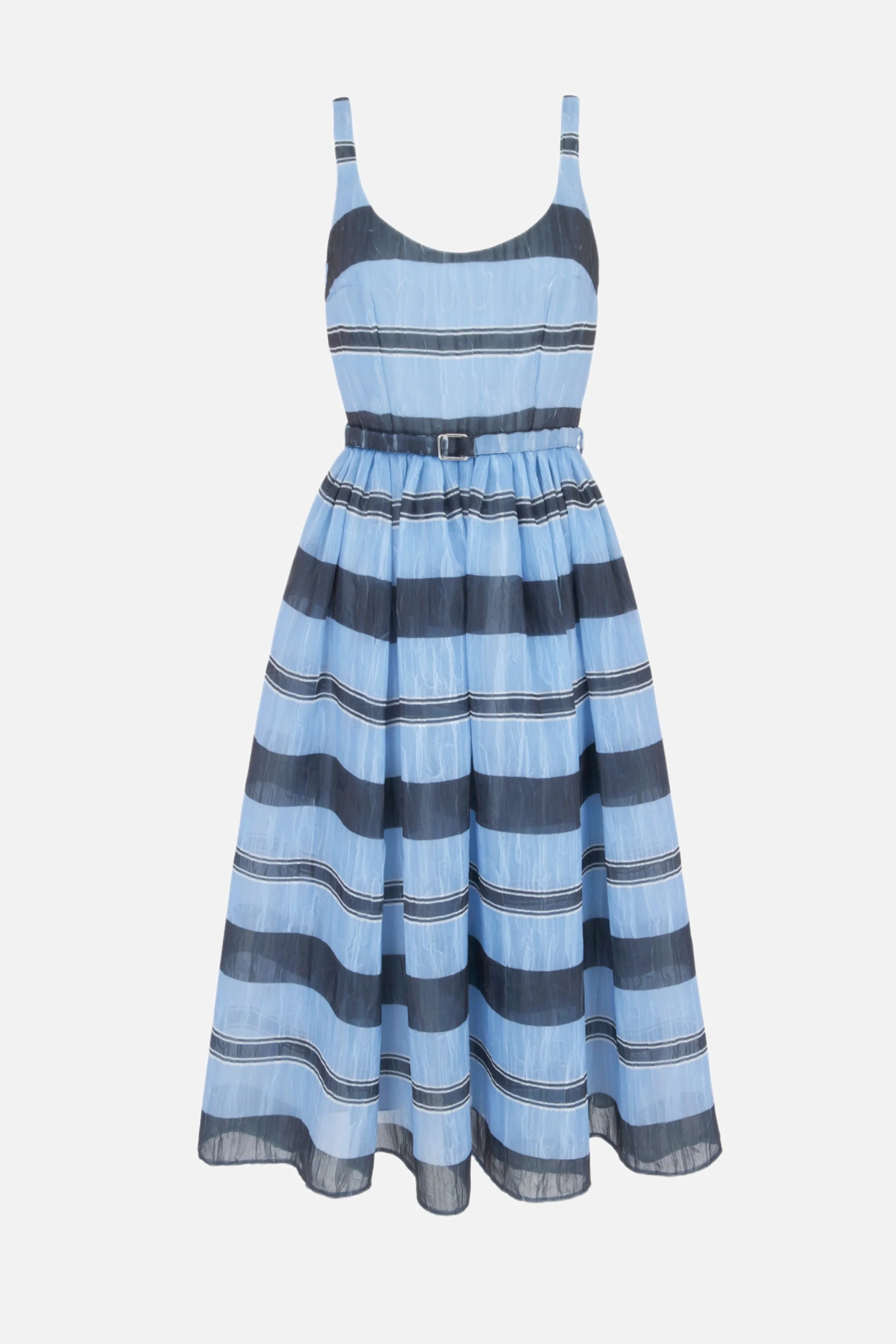 Eglantine Dress in Blue & Black Striped Textured Organza - 1