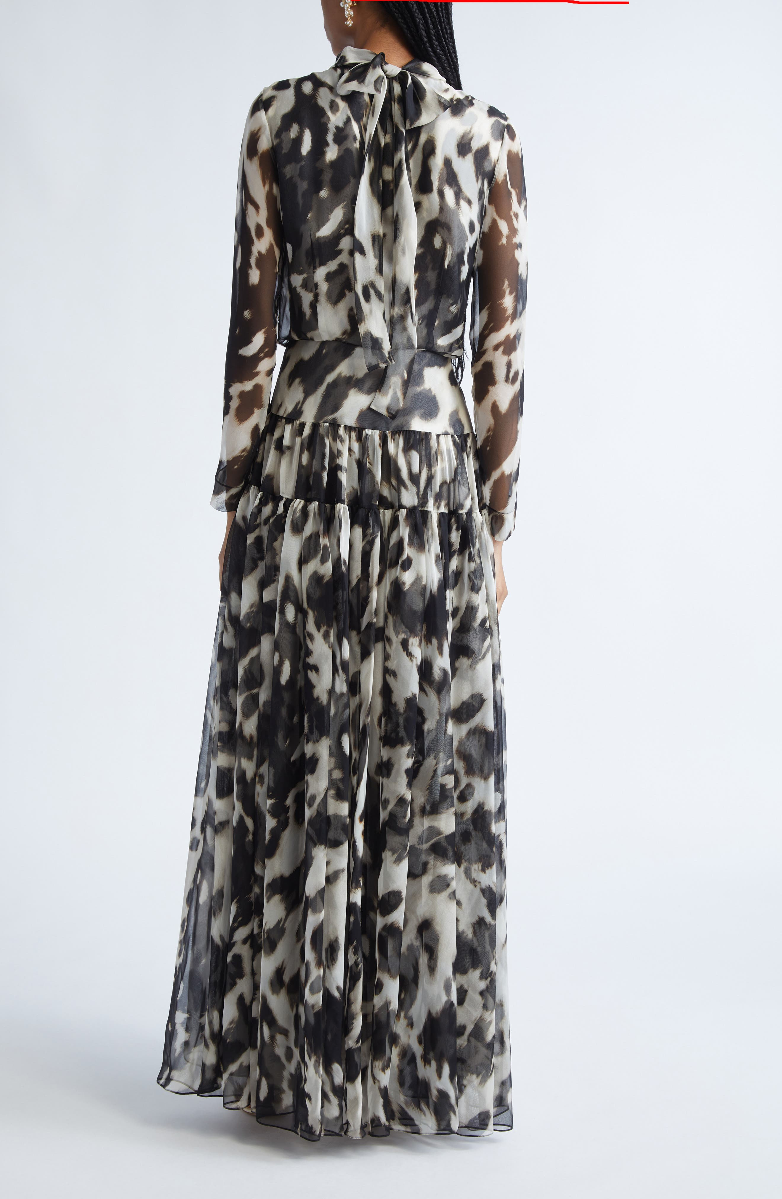 Oscar de la Renta Cow Print Long Sleeve Sheer Silk Dress in Ecru/Black at Nordstrom - 2