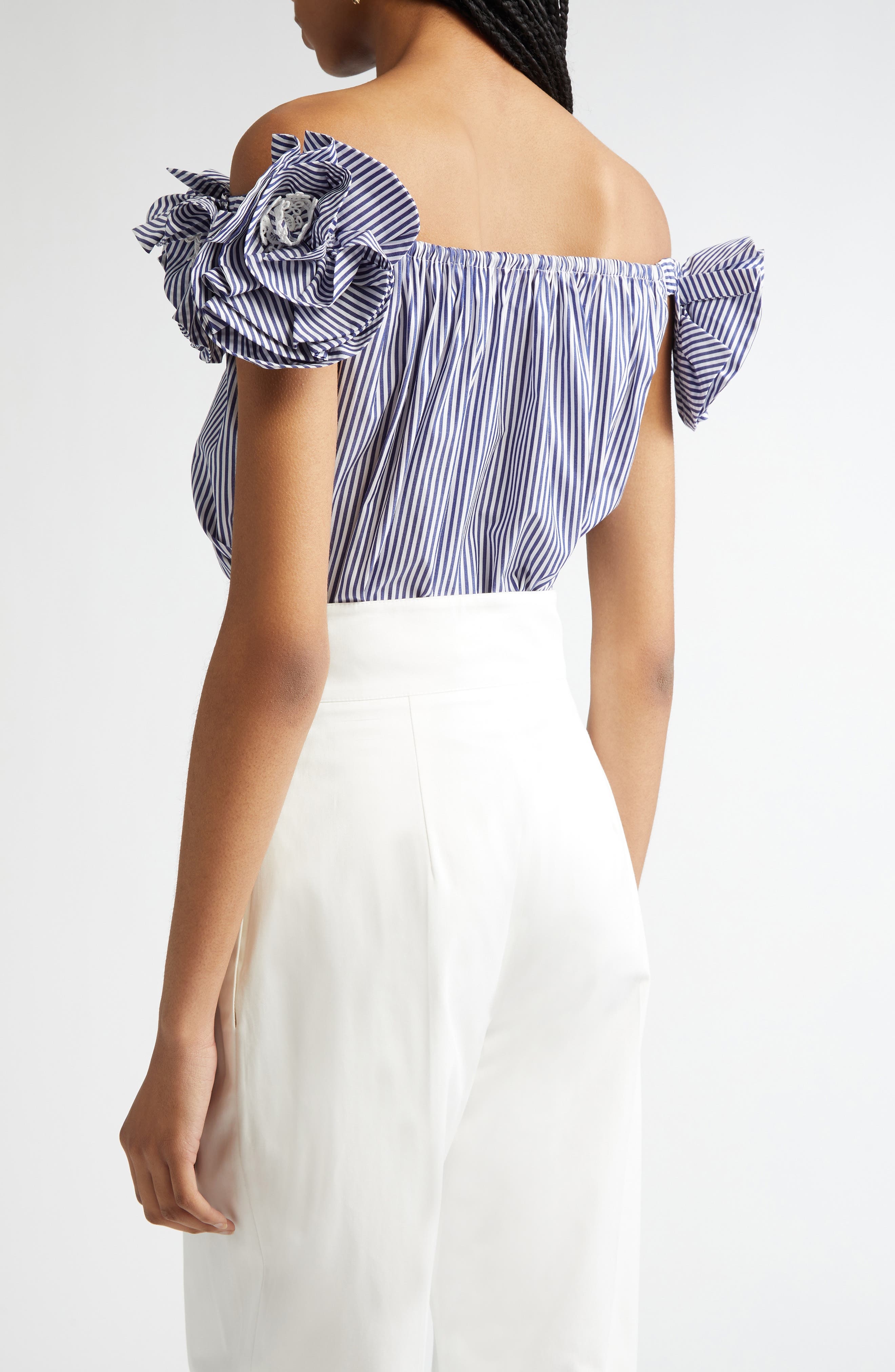 Carolina Herrera Embroidered Flower Off the Shoulder Top in White/Blue at Nordstrom - 3