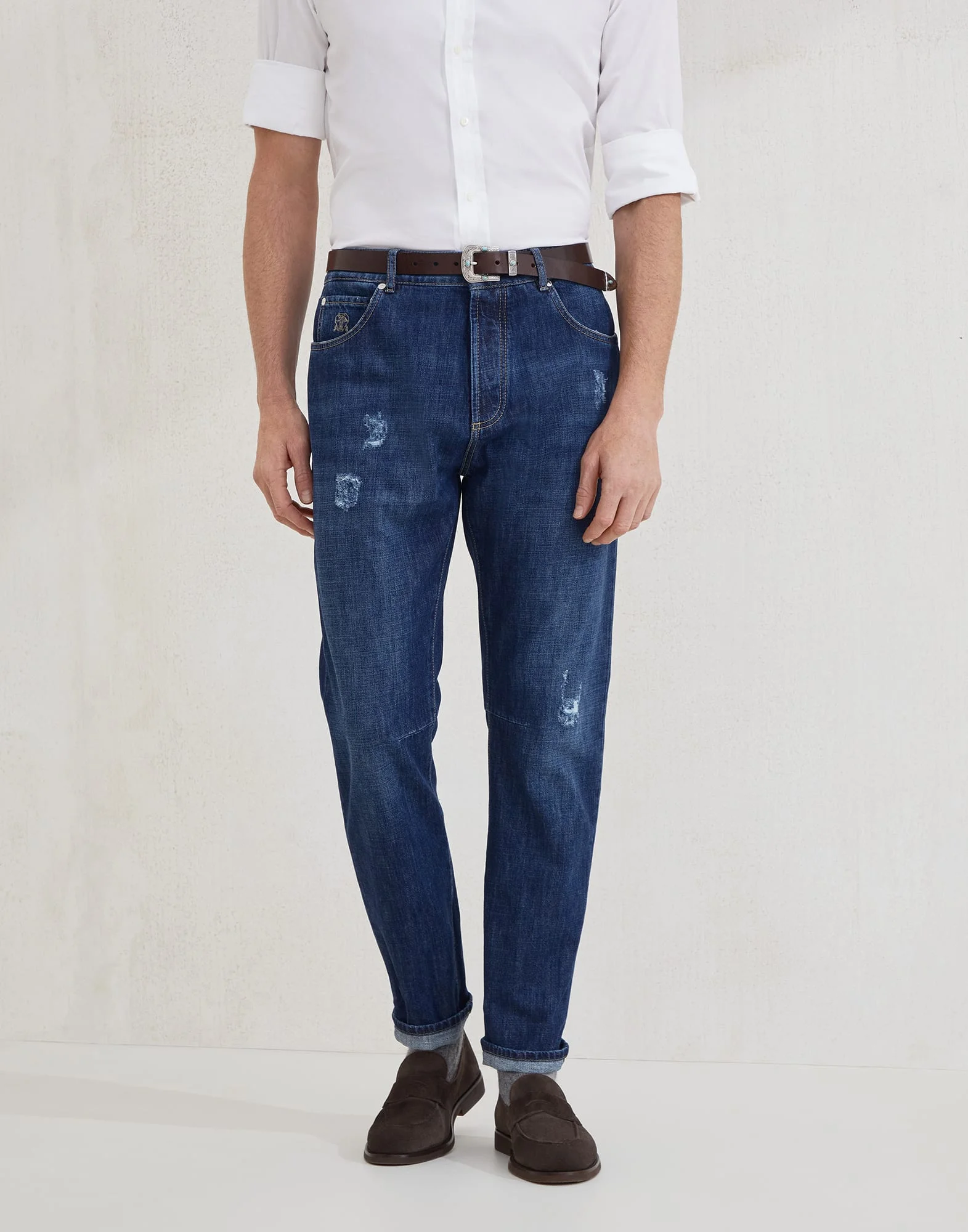 Lightweight denim leisure fit five-pocket trousers with rips - 1