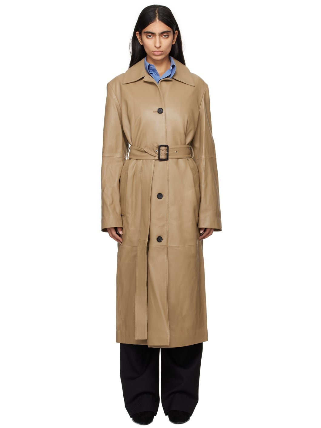 Tan Belted Long Leather Coat - 1