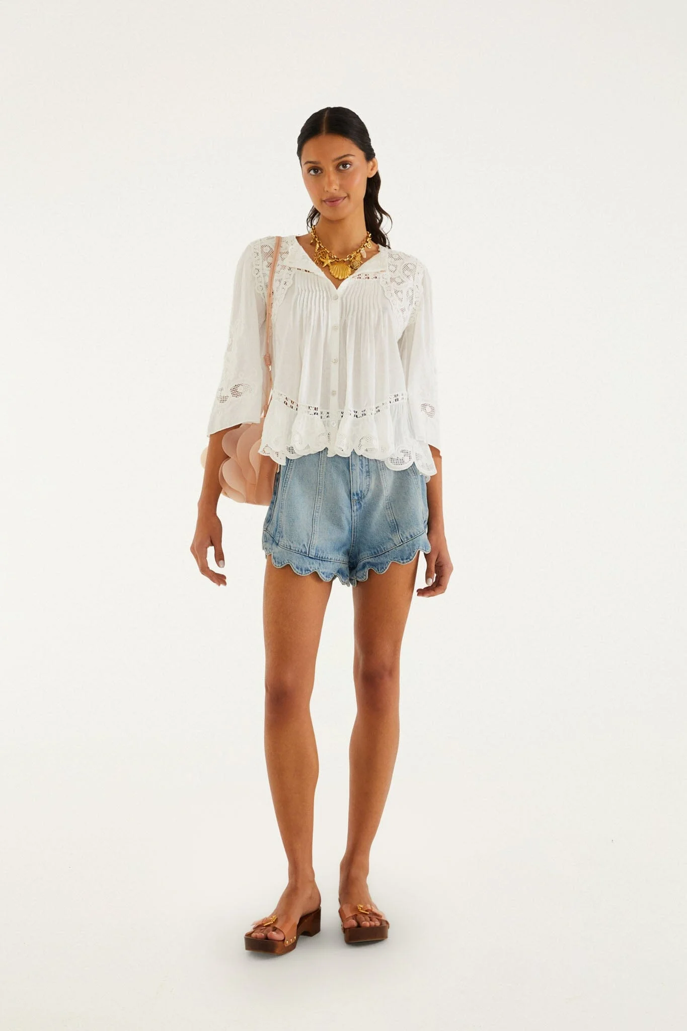 Light Denim Romantic Wavy Hem Shorts - 1