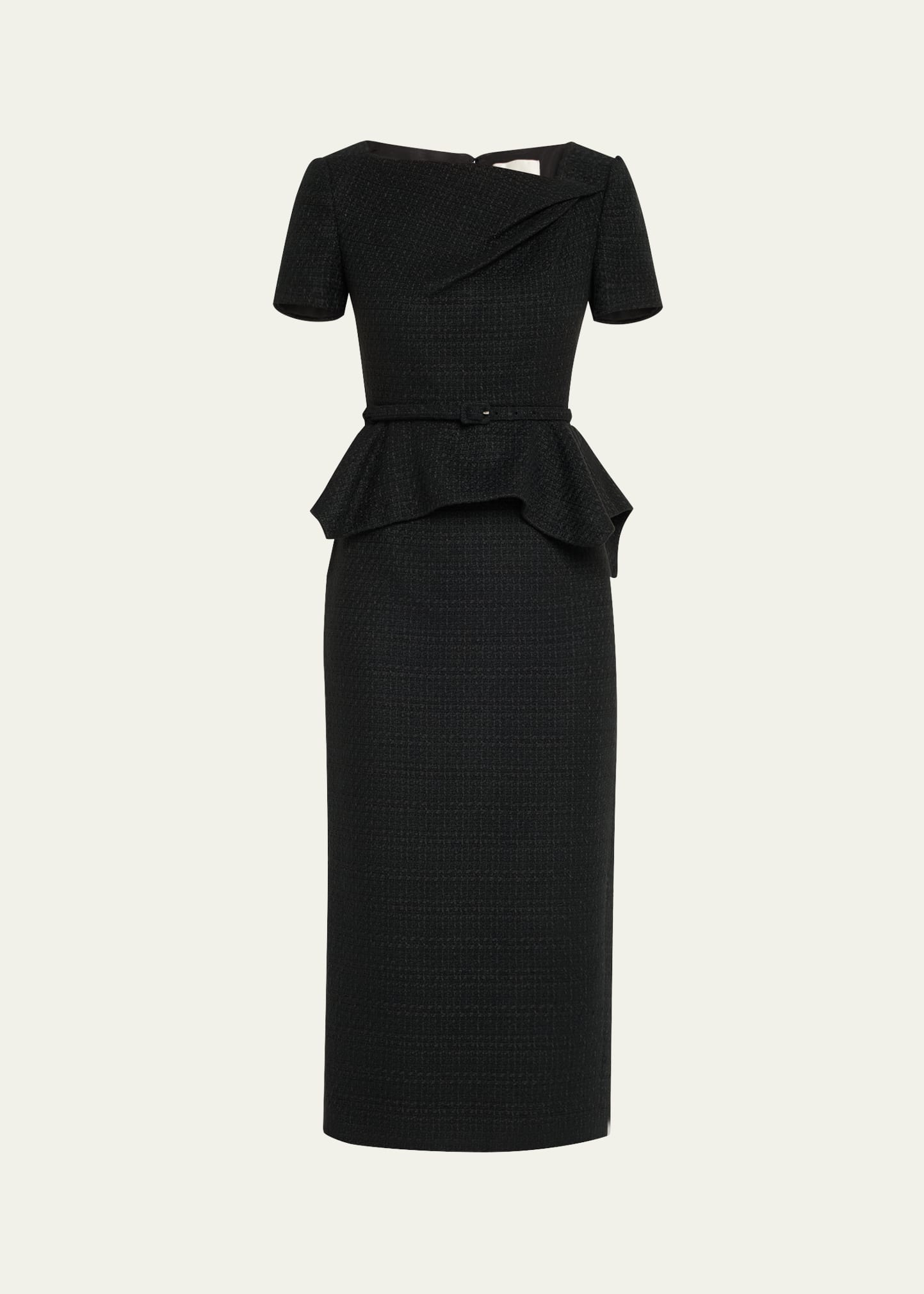 Asymmetric Twist Boucle Belted Peplum Midi Dress - 1