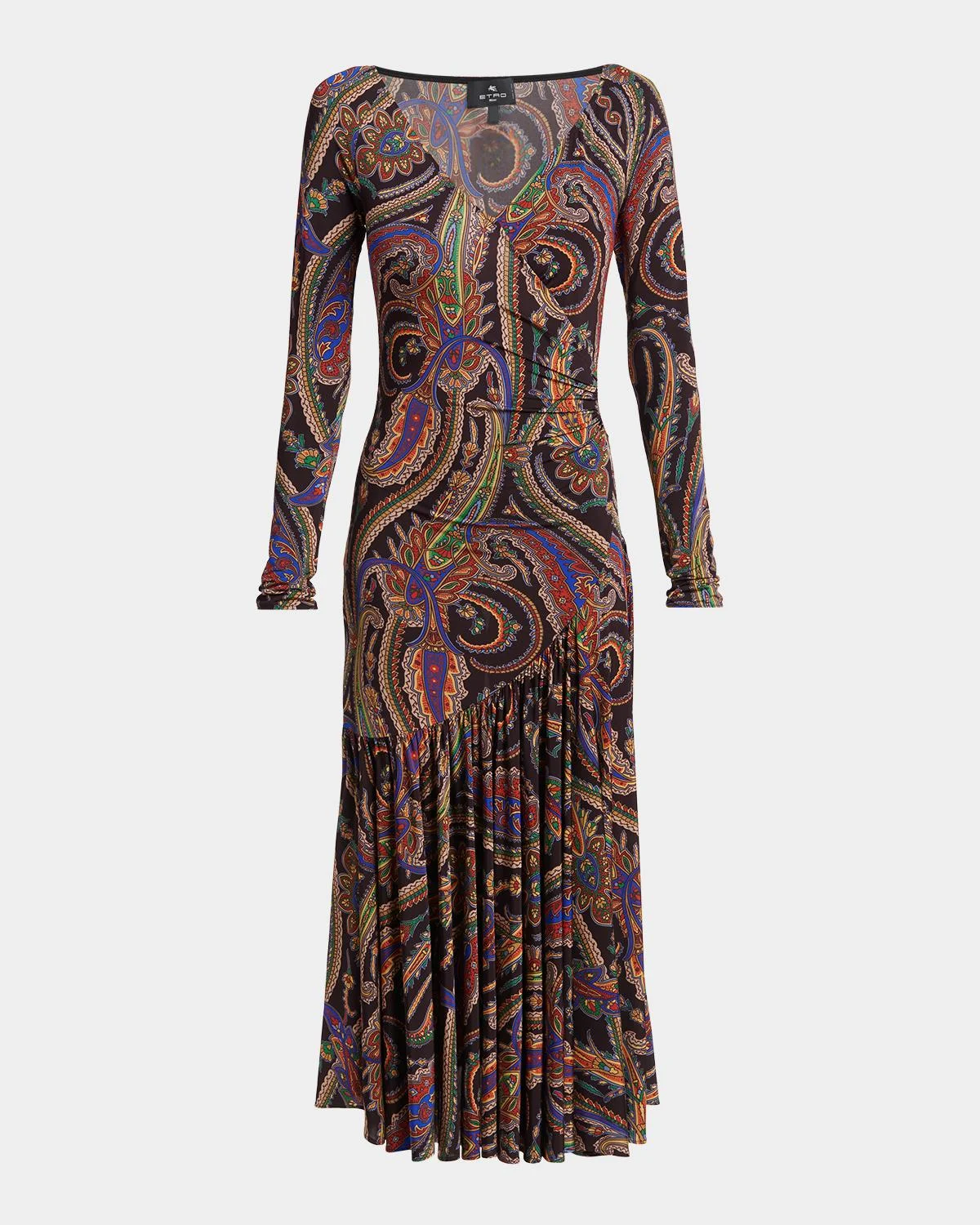 Long-Sleeve Paisley Jersey Ruffle Midi Dress - 1