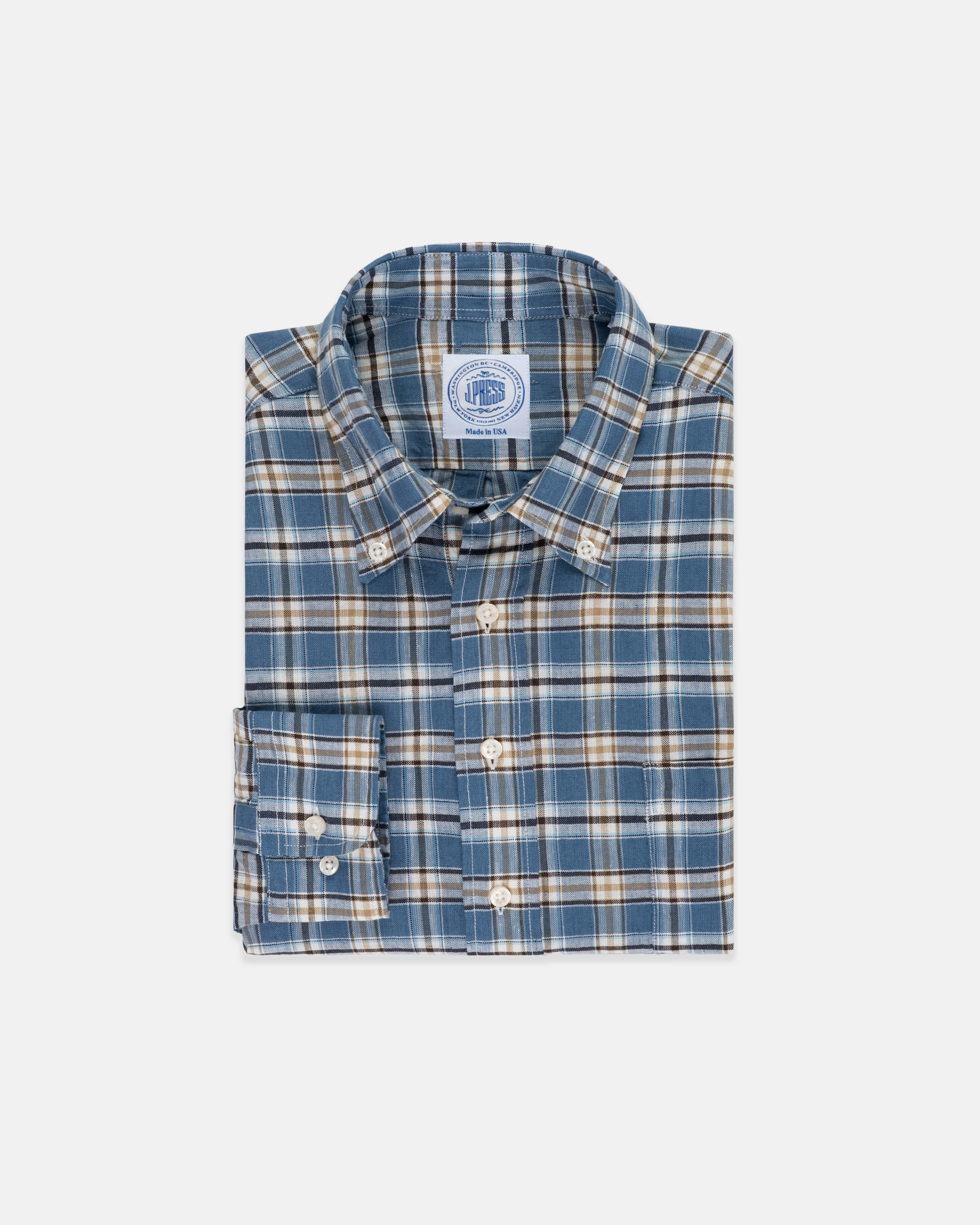 BLUE & GOLD PLAID LINEN/COTTON SPORT SHIRT - CLASSIC FIT - 1