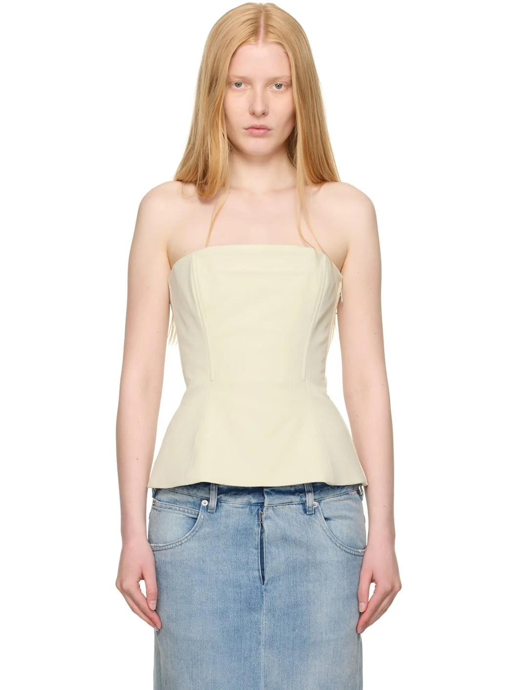 SSENSE Exclusive Beige Topstitching Corset Top - 1