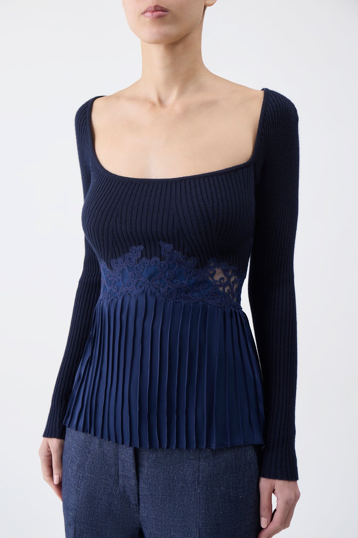 Fini Lace Top in Navy Silk Crepe - 5